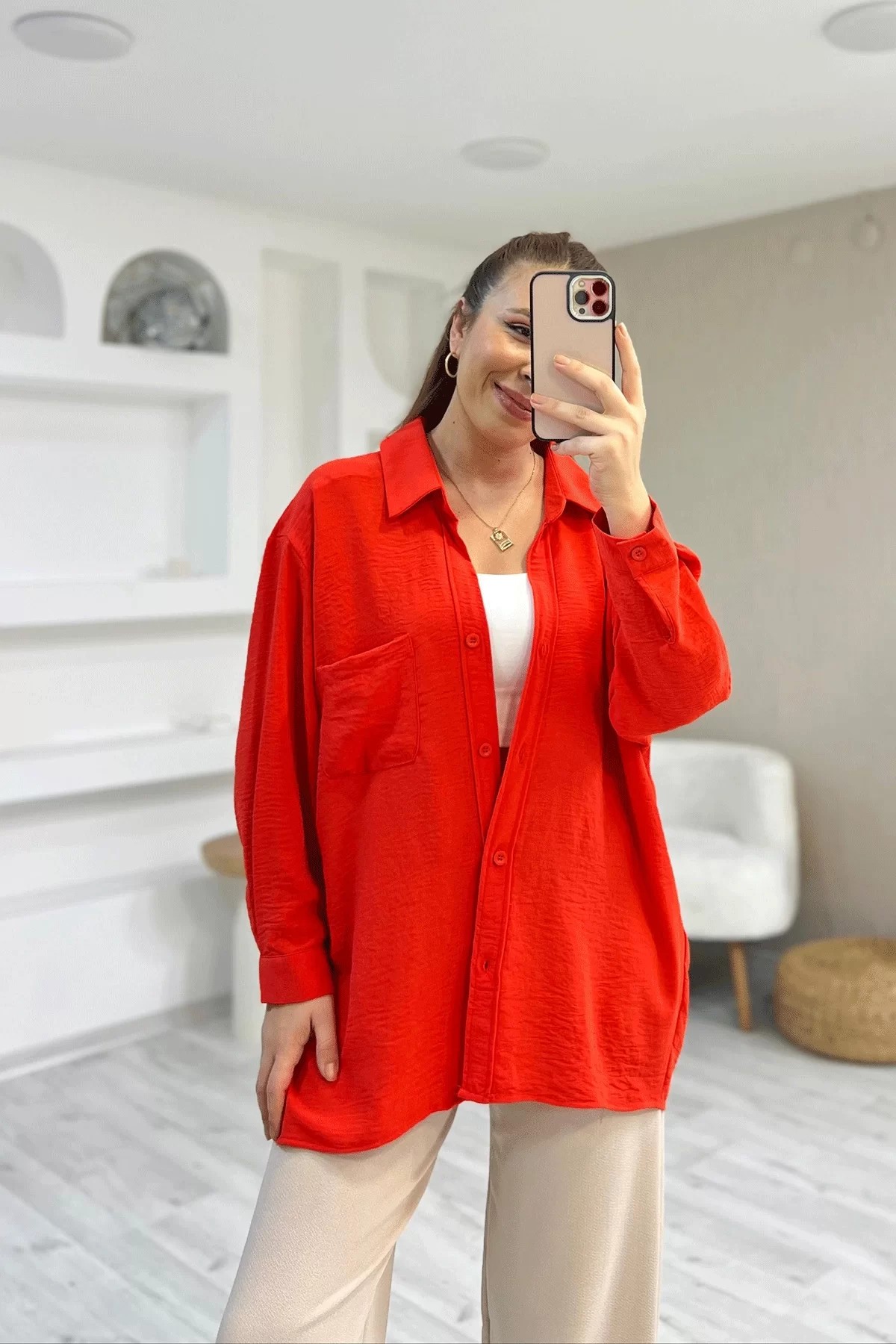 Ayrobin Kumaş Tek Cep Oversize Kırmızı Gömlek