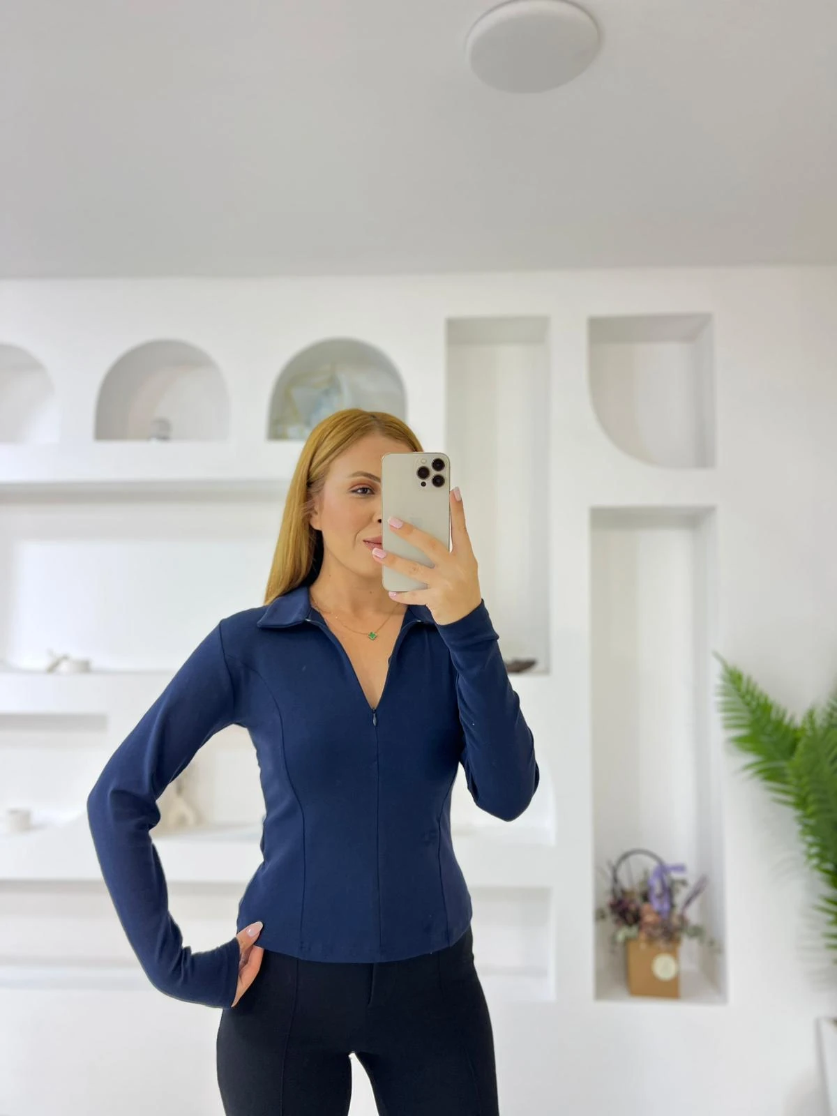 Polo Yaka Gizli Fermuarlı Bady - Lacivert