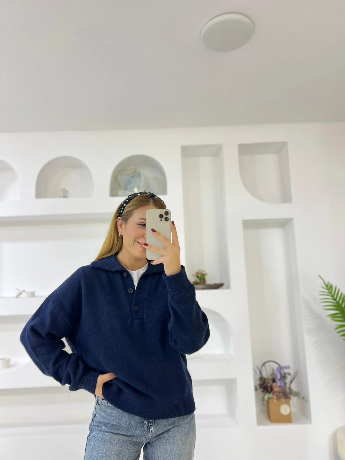 Polo Yaka Düğmeli Triko Kazak - Lacivert