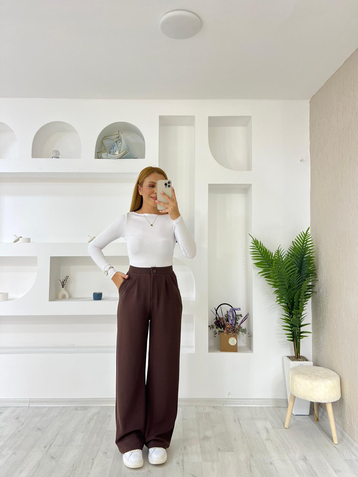 Kemer Düğmeli Ön Pileli Pantolon - Kahverengi