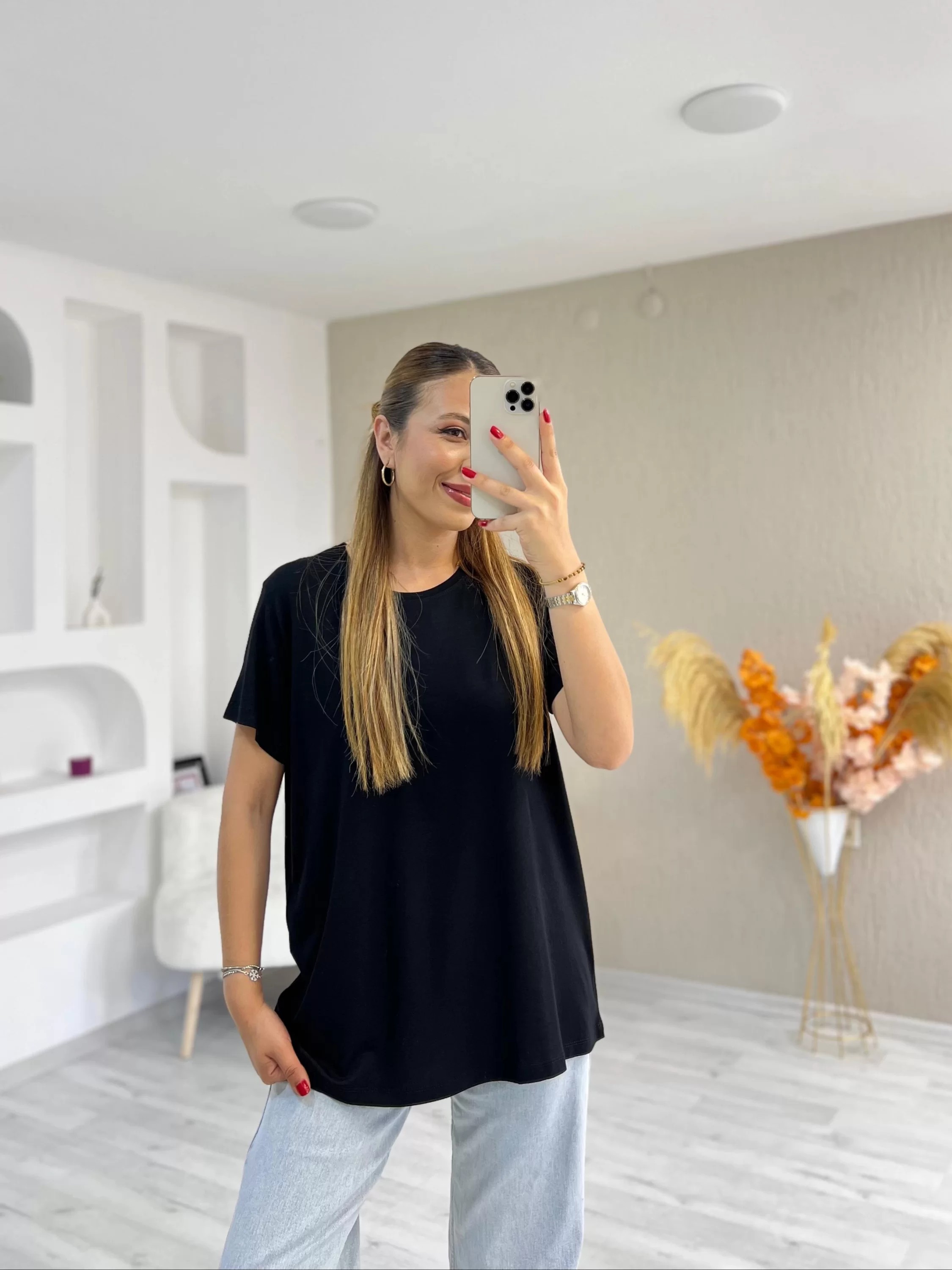 Bisiklet Yaka Viskon Kumaş Basic Tshirt Siyah