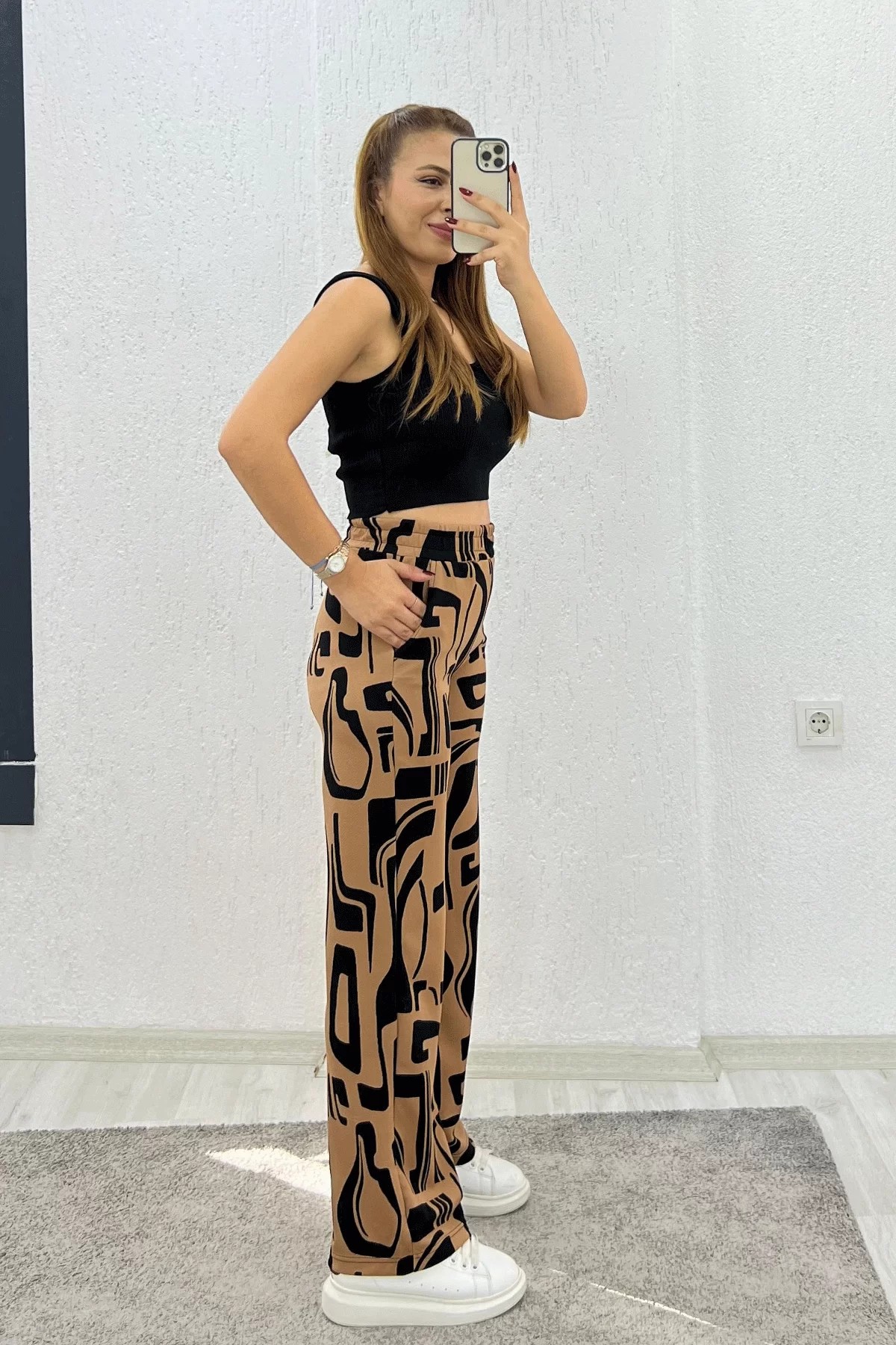 Krep Kumaş Leopar Kahve Pantolon