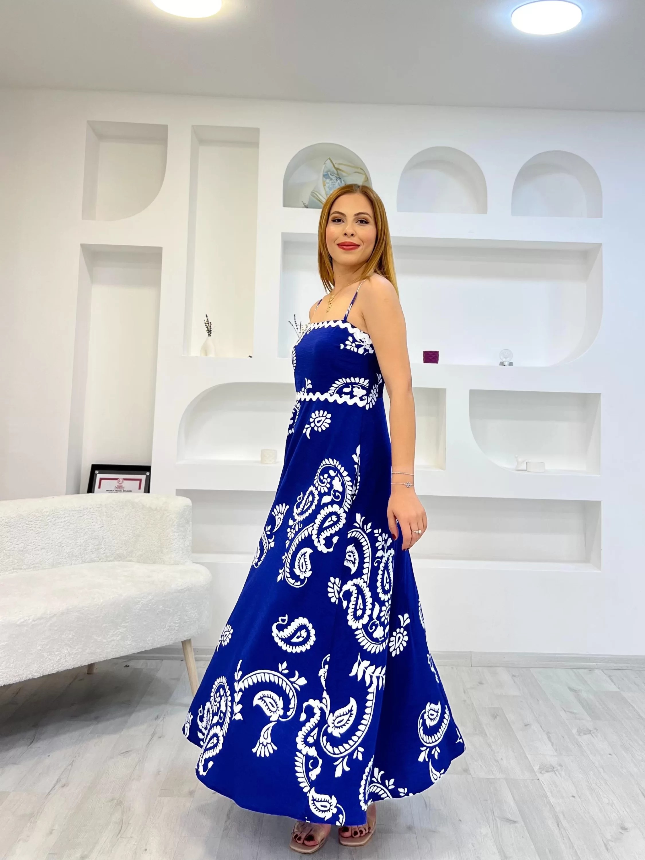 İp Askılı Desenli Keten Elbise Saks Mavi