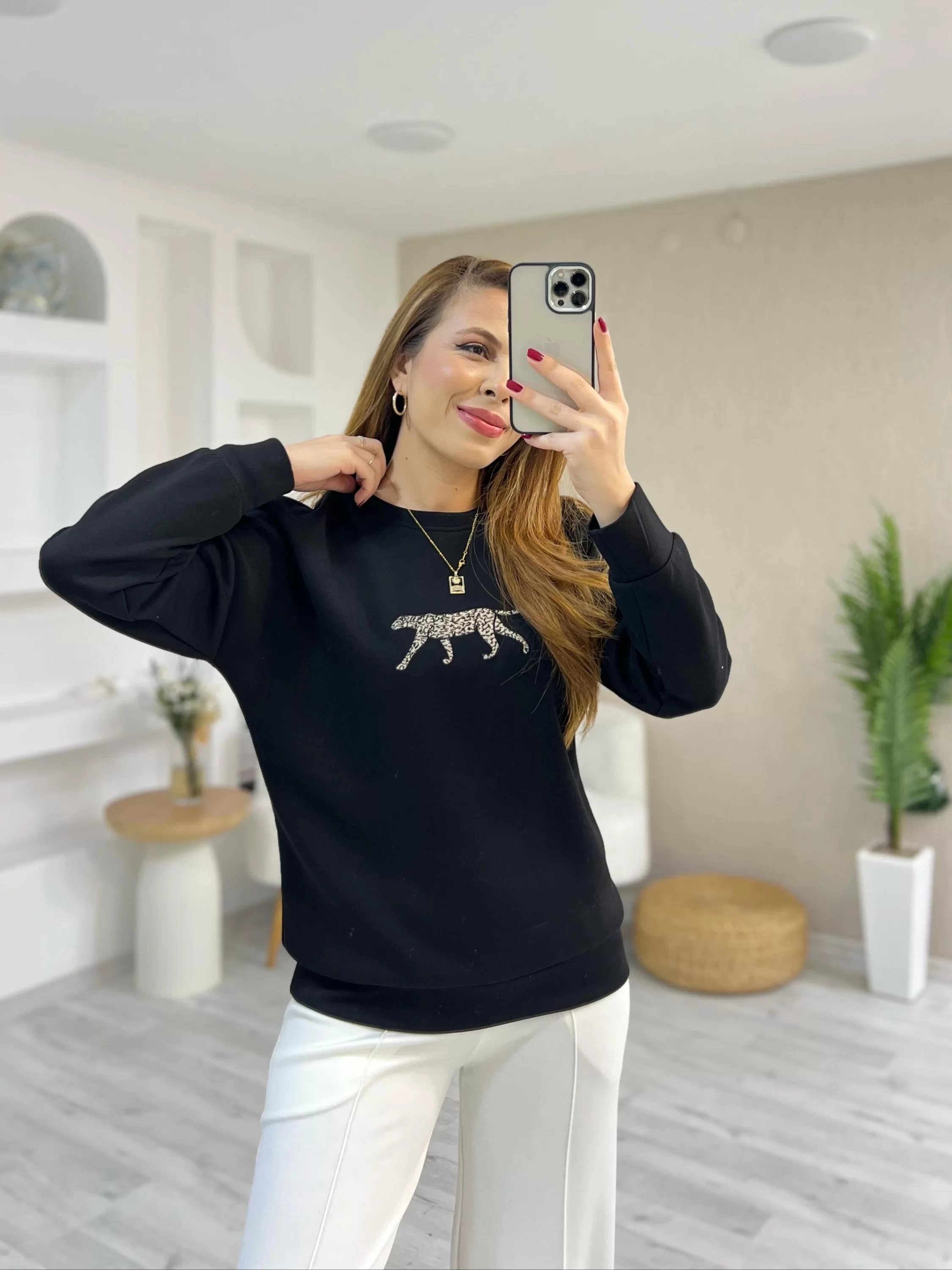 Leopar Detay Baskılı Sweat Siyah