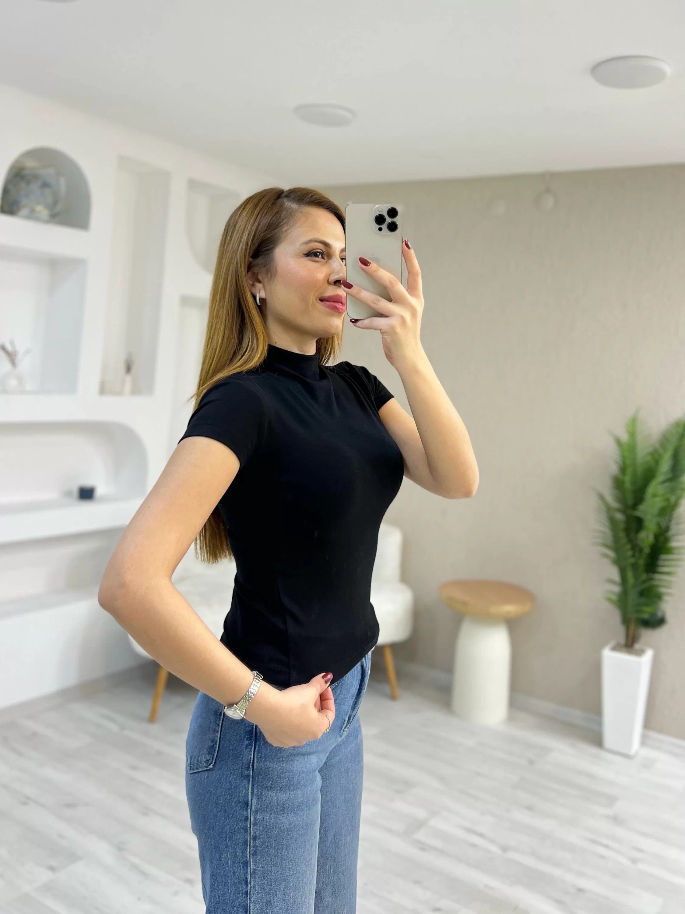 Modal Kumaş Bebe Kol Dik Yaka Tişört Siyah
