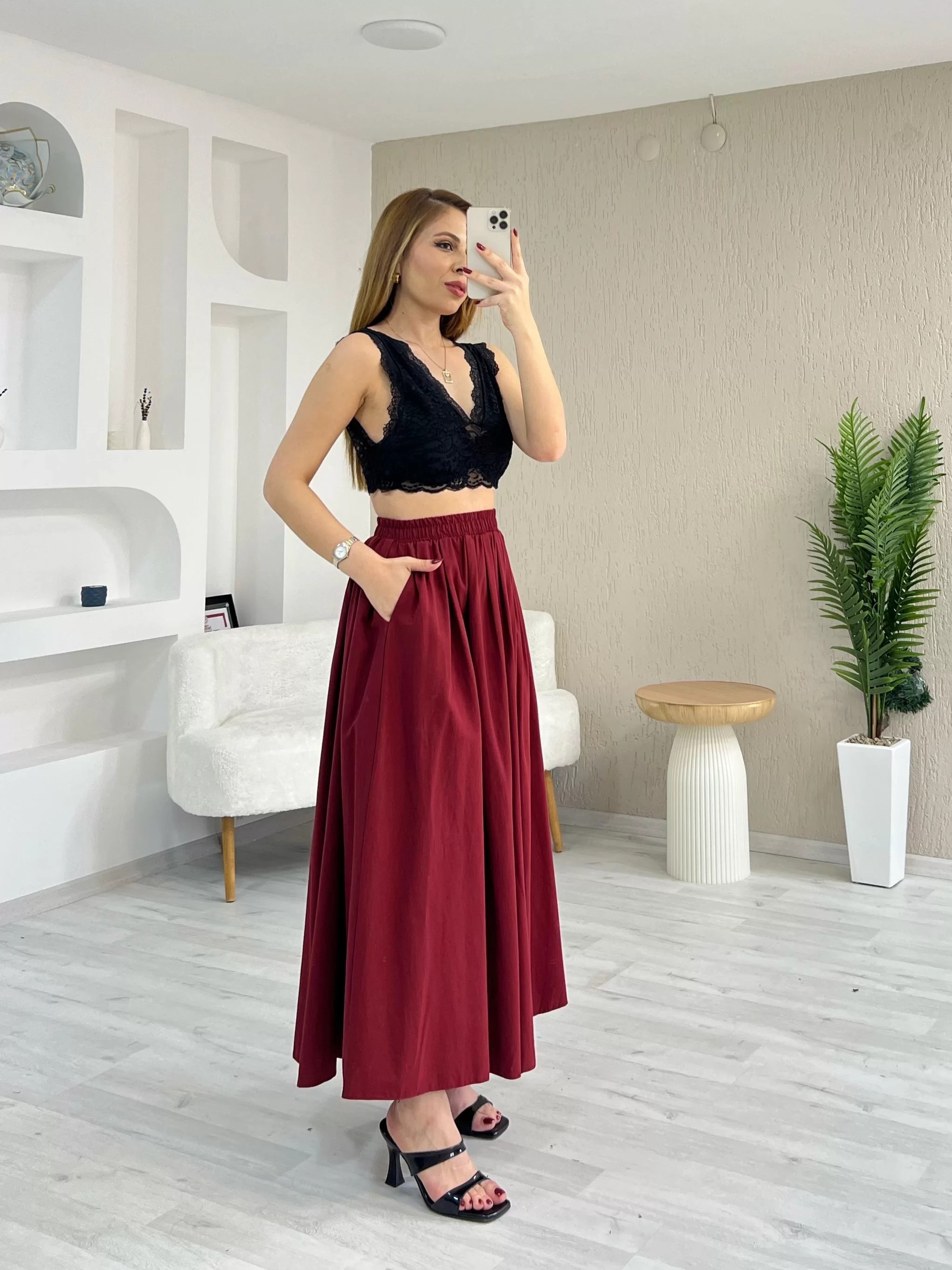 Poplin Cepli Etek Bordo