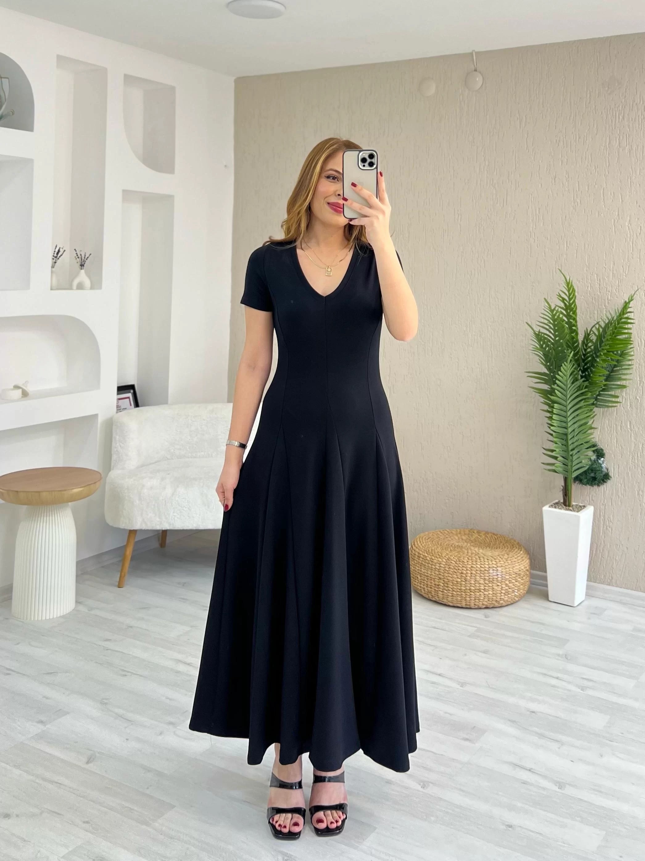 Modal Dilimli Maxi Boy Elbise Siyah
