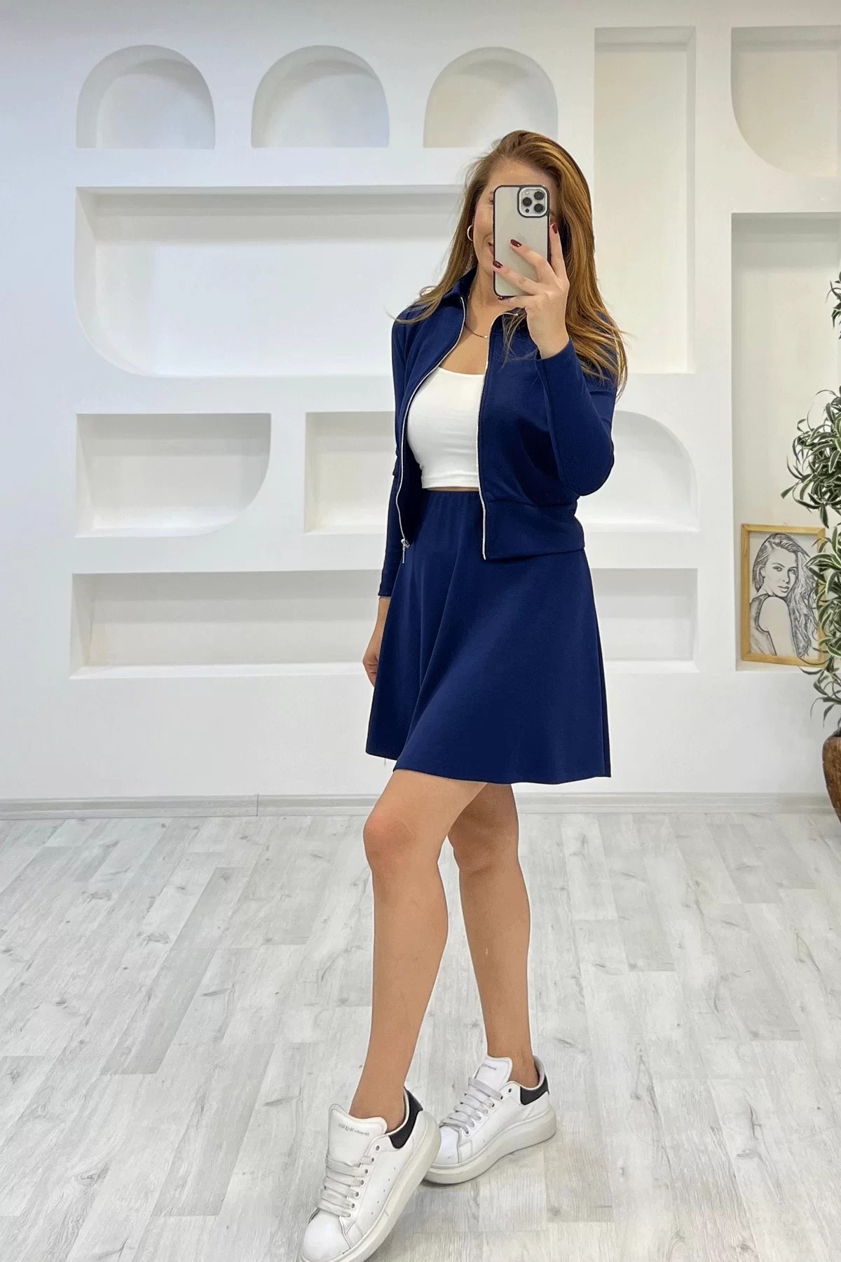 Fermuarlı Etek Ceket Mavi Takım