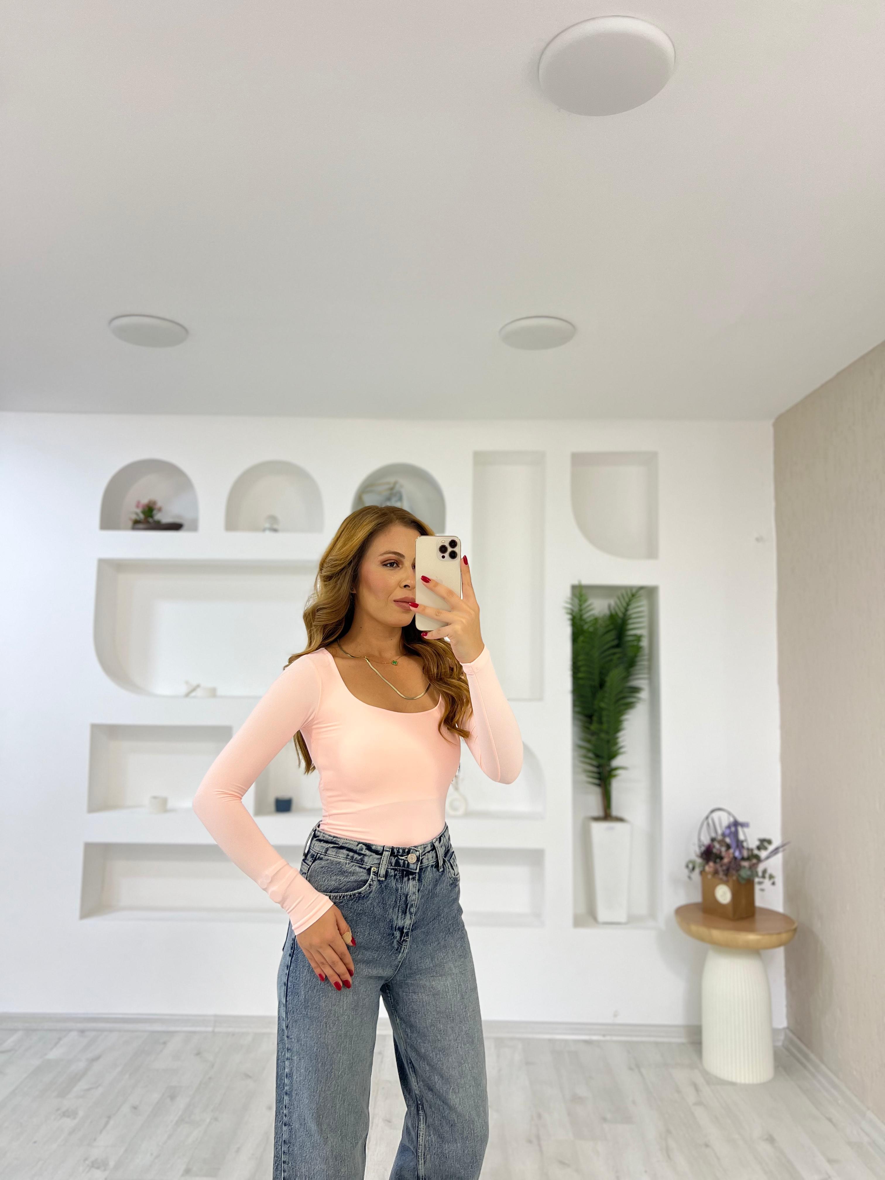 Sandy Kumaş Kare Yaka Bady  - Pudra