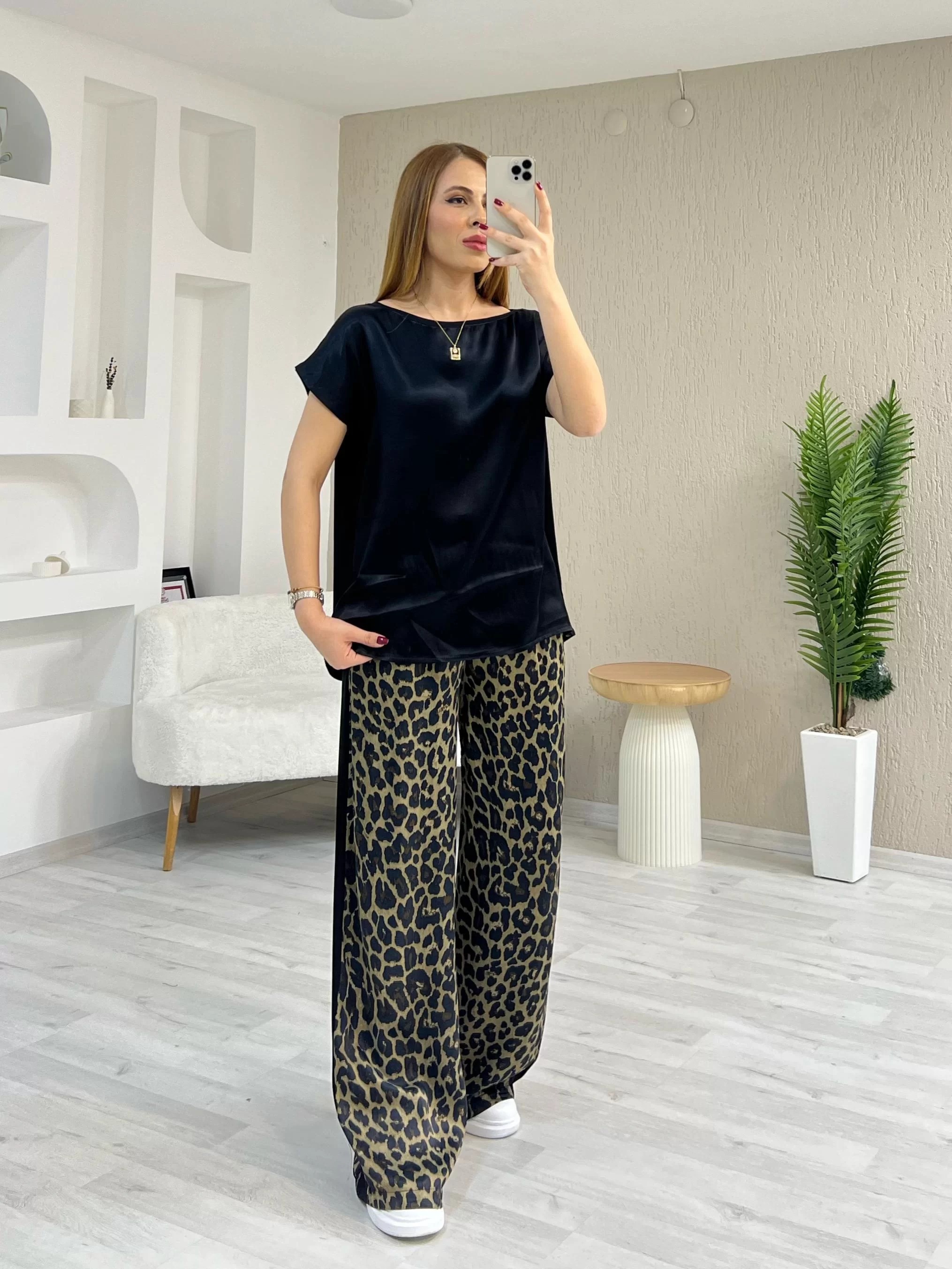 Saten Leopar Takım Siyah