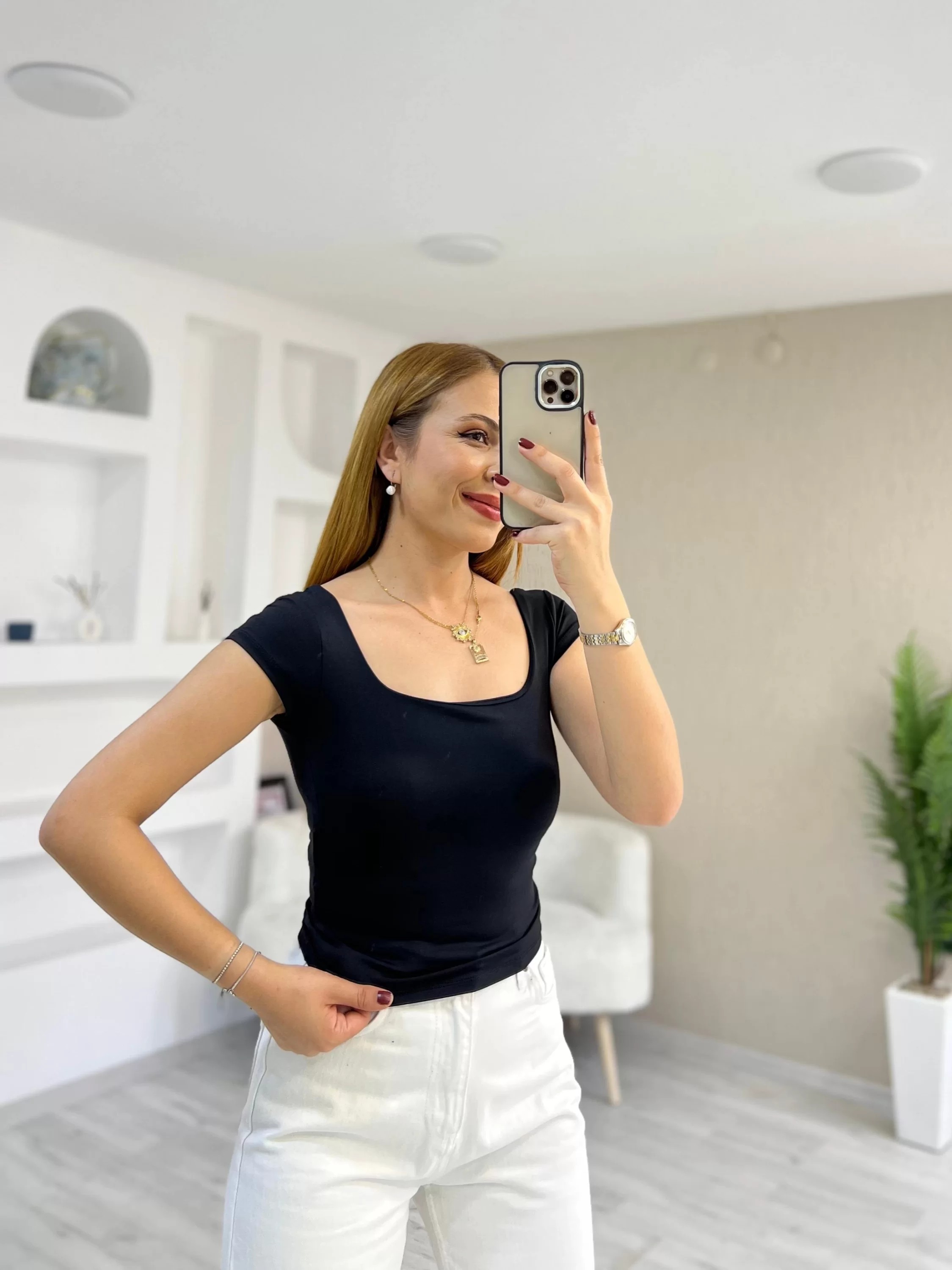 Sandy Kumaş Kare Yaka Kısa Kol Bady Siyah