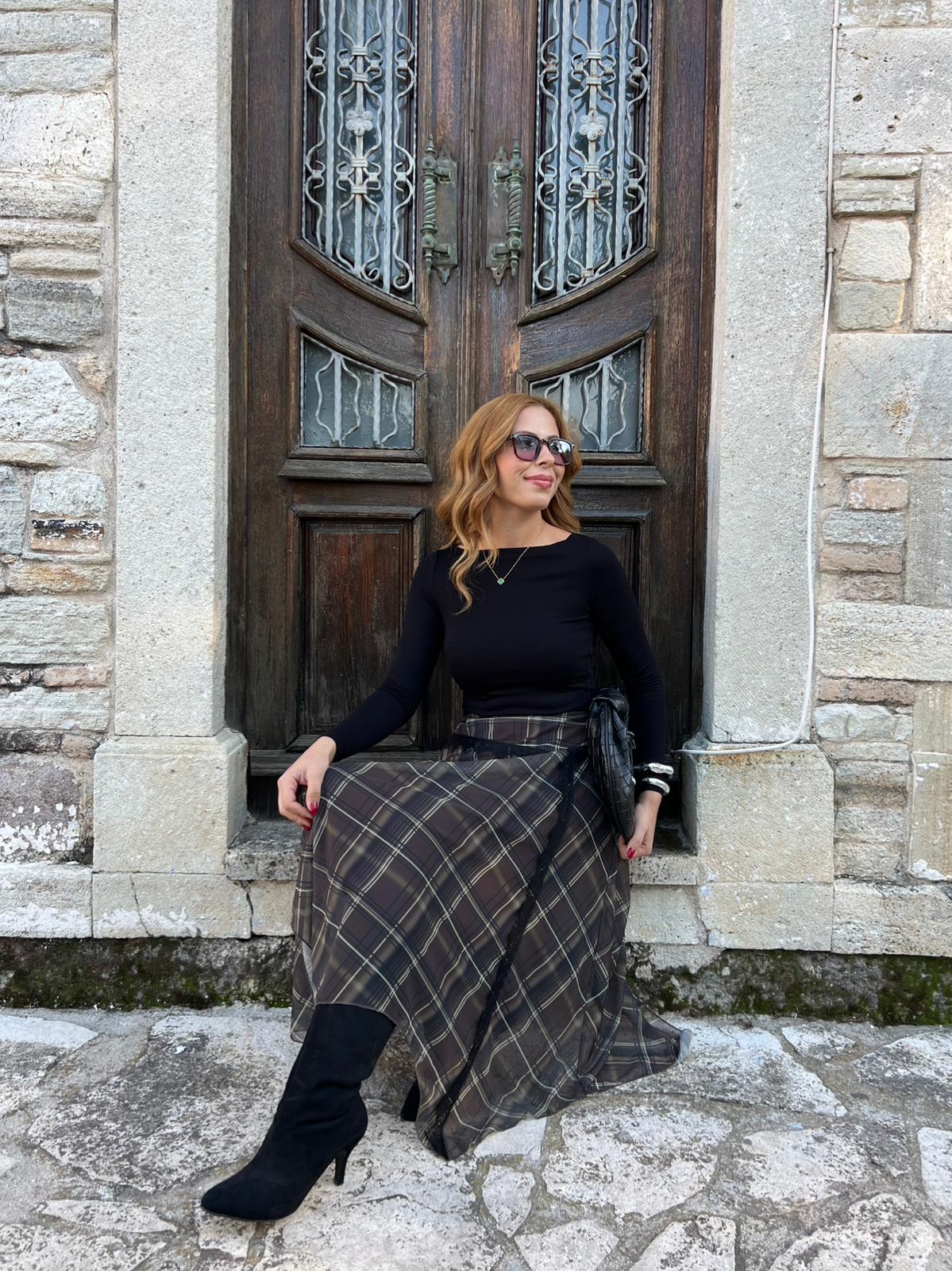 Ekose Dantel Kemerli Etek - Kahverengi