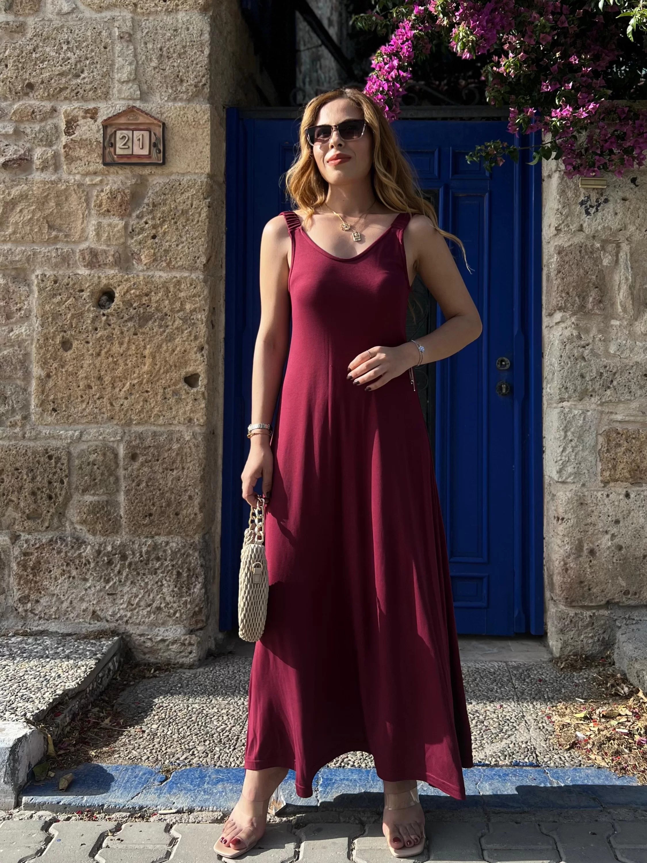 Modal Pike Kumaş Lastik Askılı Elbise Bordo