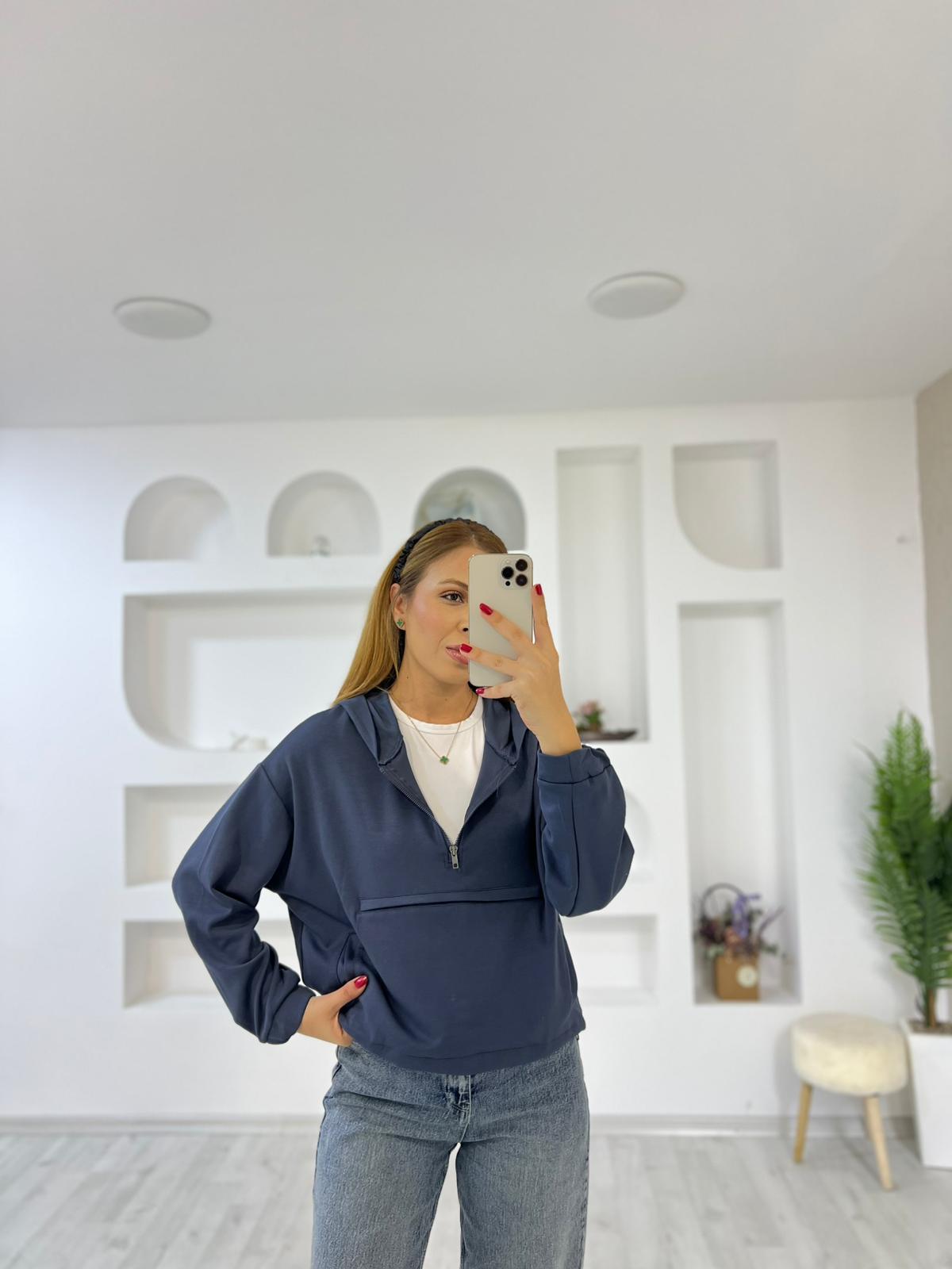 Modal Kumaş Yarım Fermuarlı Kanguru Cep Sweat - Antrasit