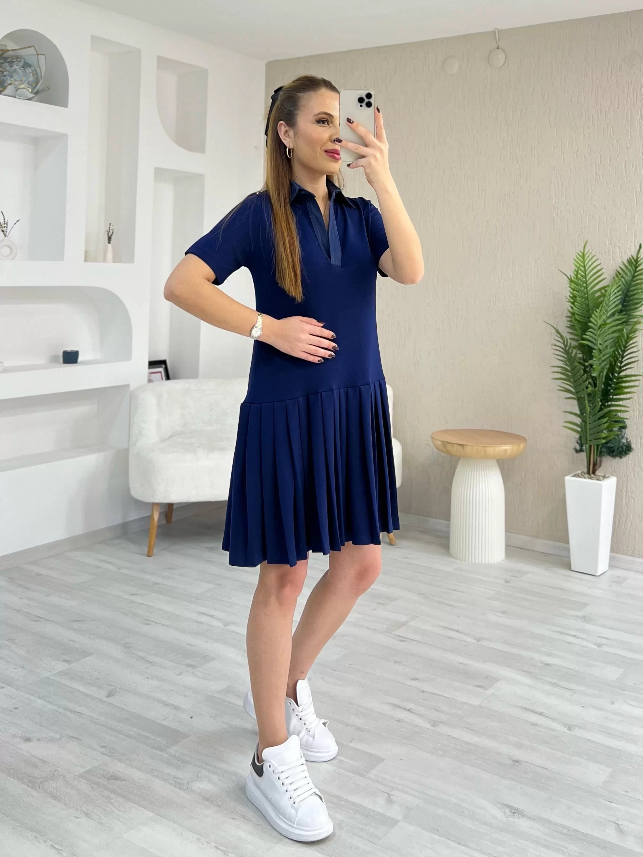 Pileli Polo Yaka Elbise Mavi