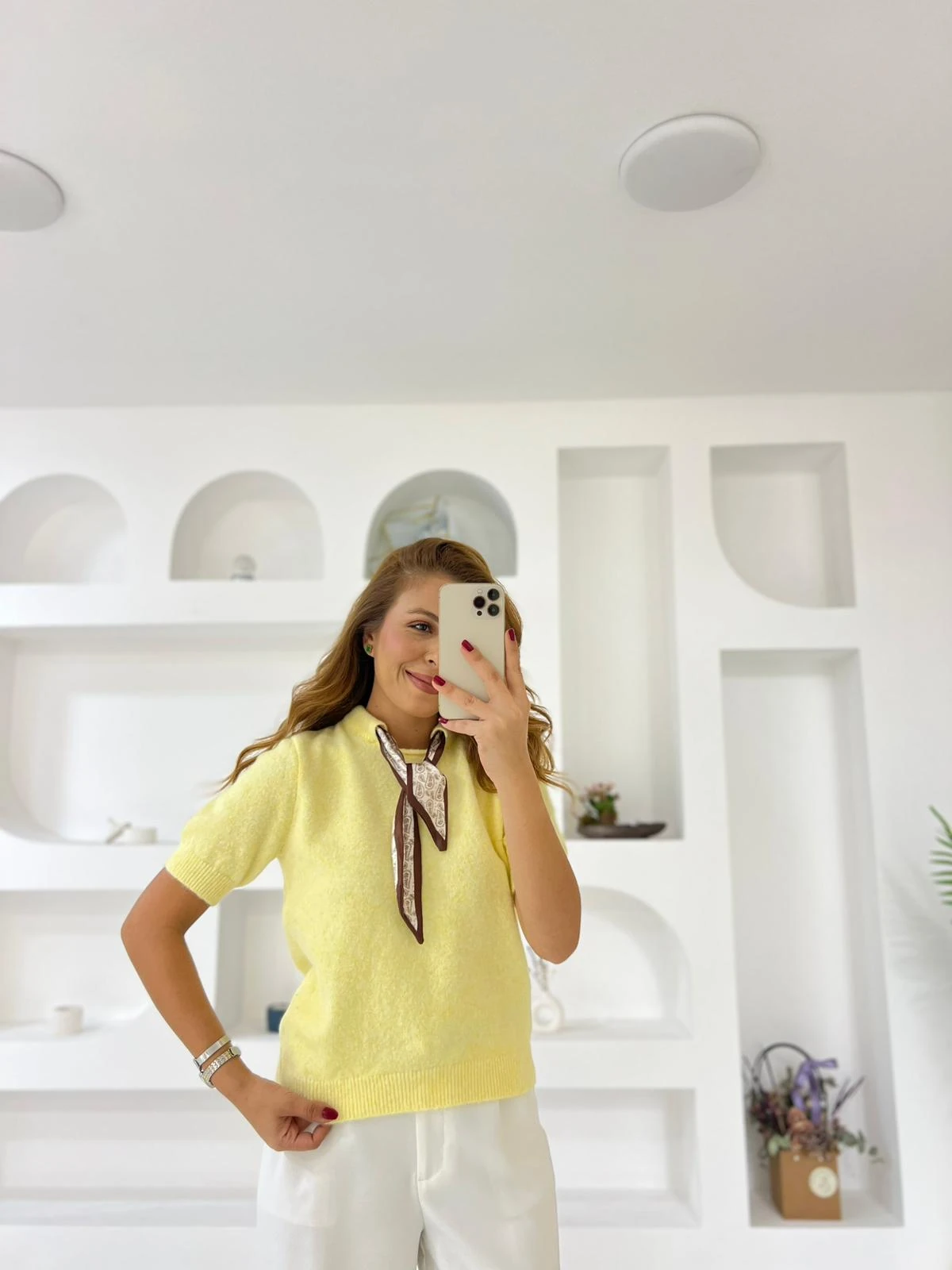 Fularlı Triko Bluz - Sarı