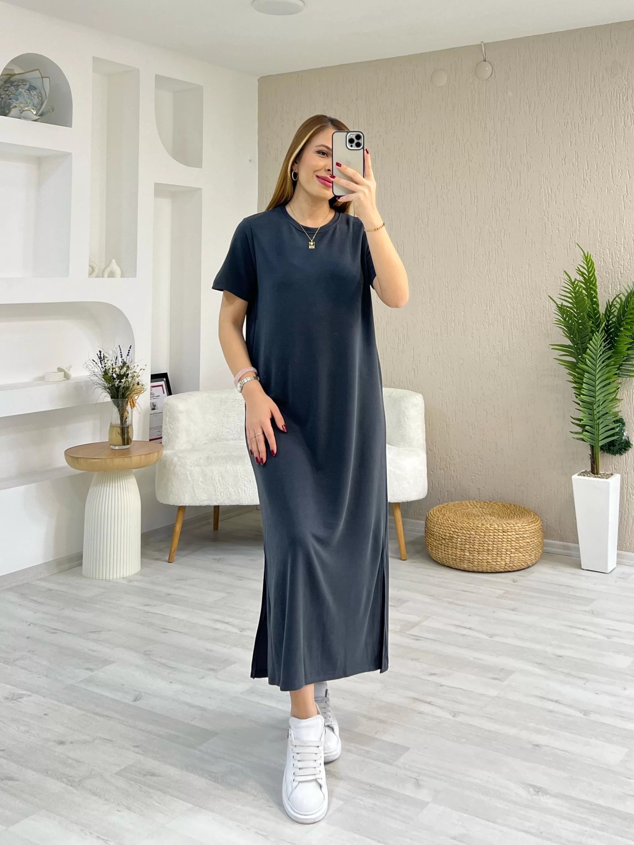 Oysho Yırtmaçlı Kısa Kol Pike Elbise Antrasit