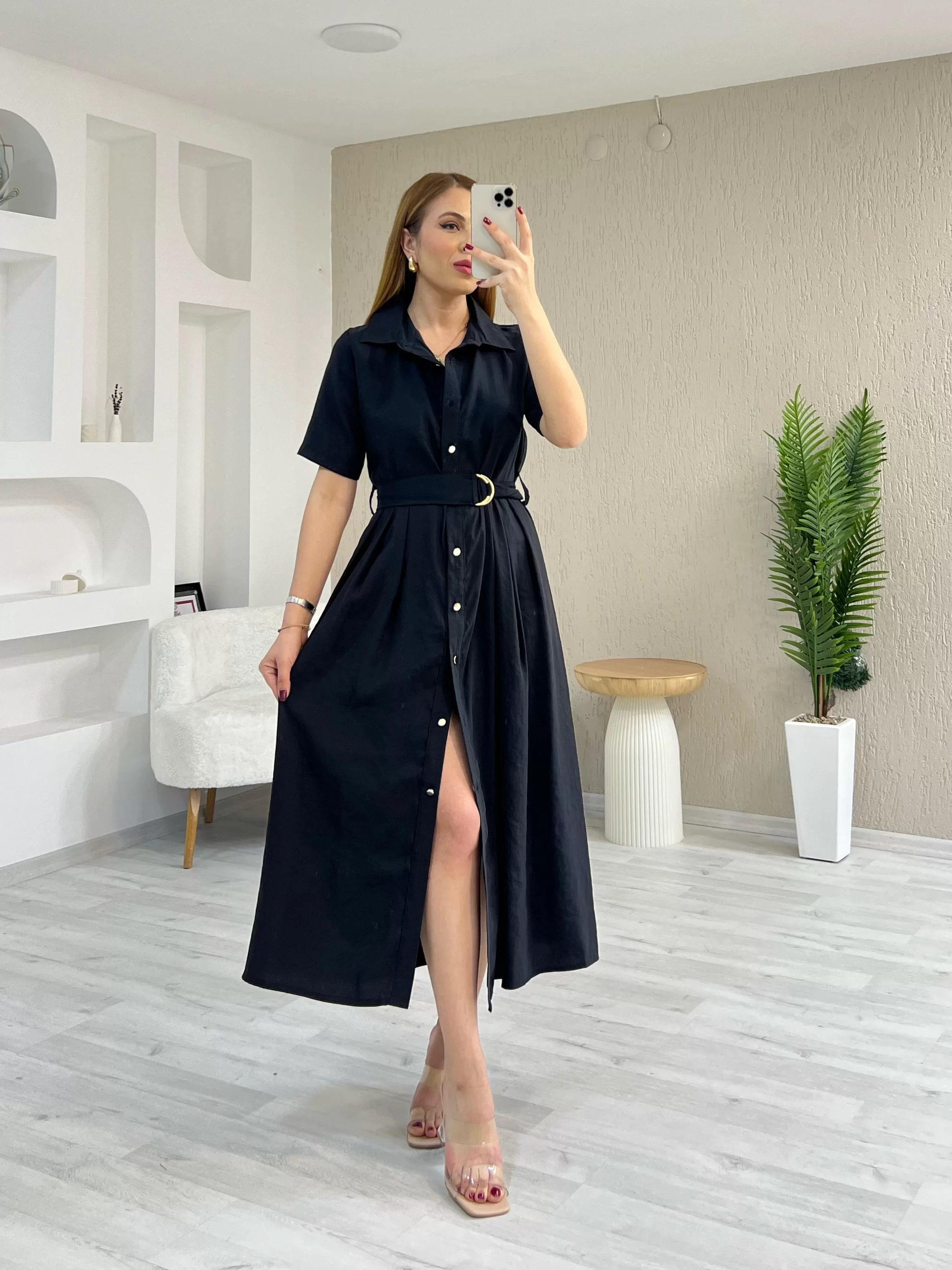 Tensel Kumaş Kemerli Elbise