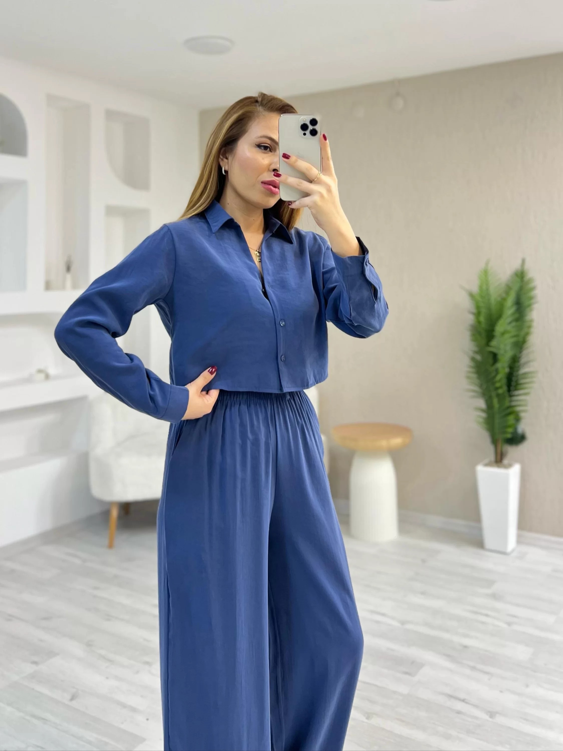 Tensel Kumaş Crop Takım Mavi