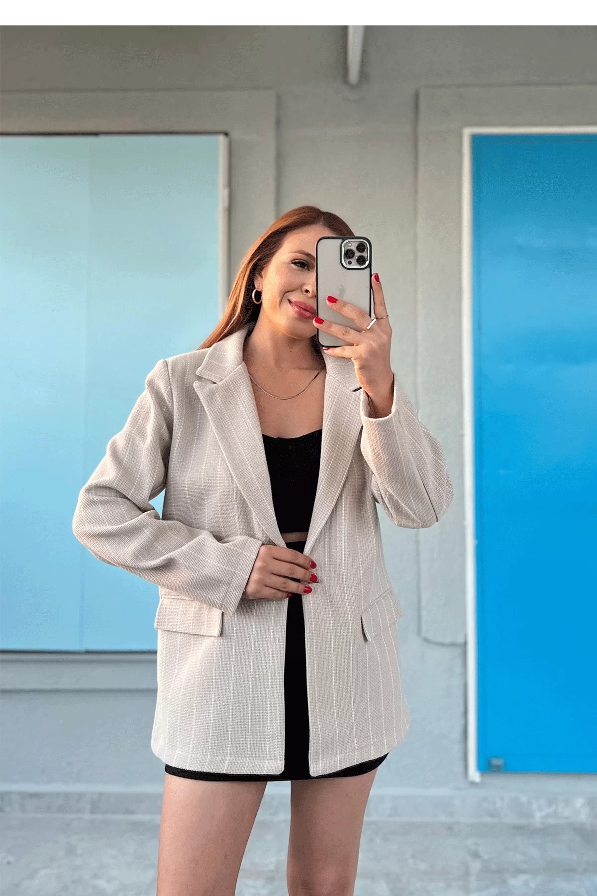 Çizgili Blazer Keten Ekru Ceket