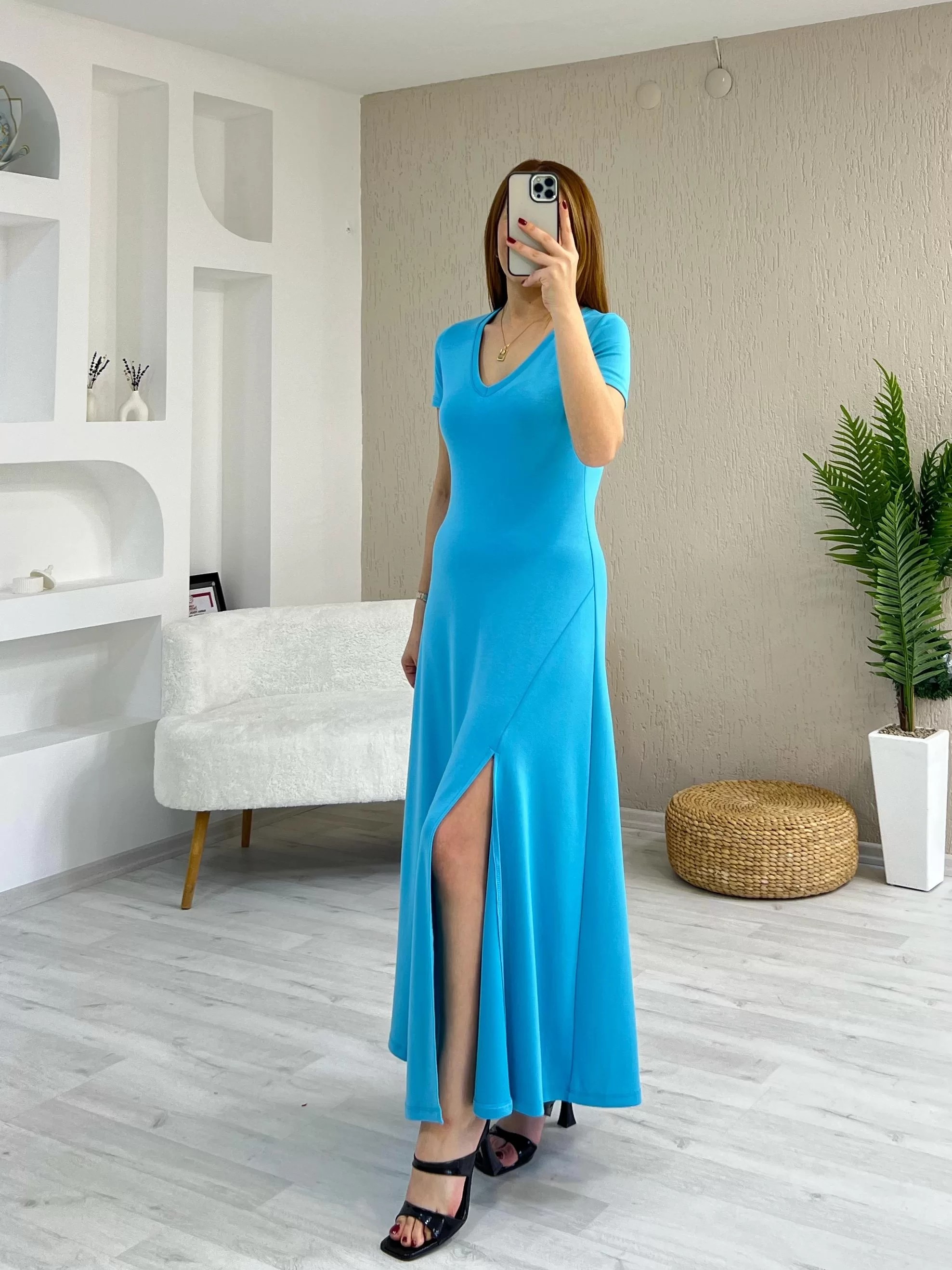 Modal Tek Yırtmaçlı Maxi Boy Elbise Açık Mavi