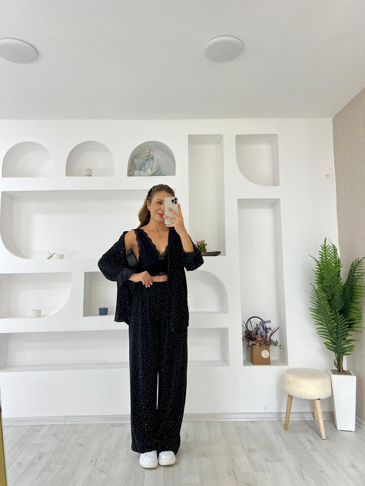 Taş İşlemeli Gömlekli Takım - Siyah