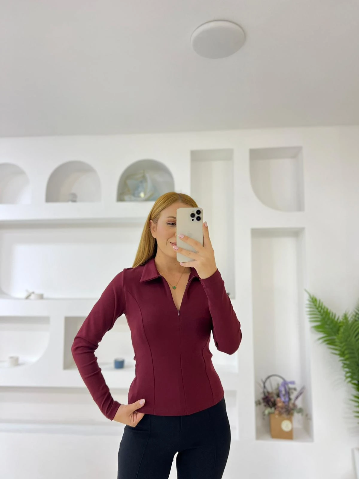 Polo Yaka Gizli Fermuarlı Bady - Bordo