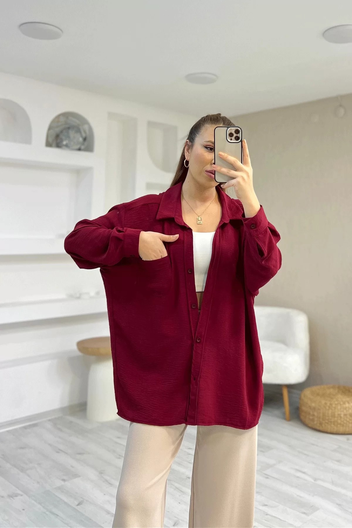 Ayrobin Kumaş Tek Cep Oversize Bordo Gömlek