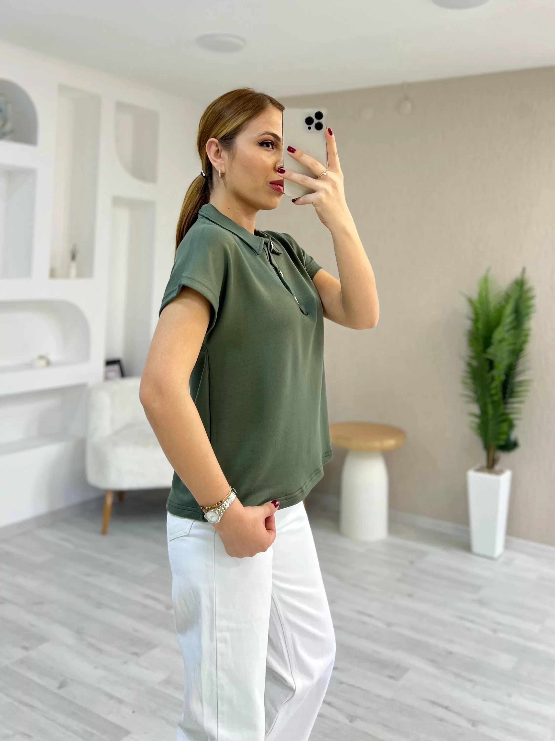 Gold Düğmeli Polo Yaka Tişört Haki