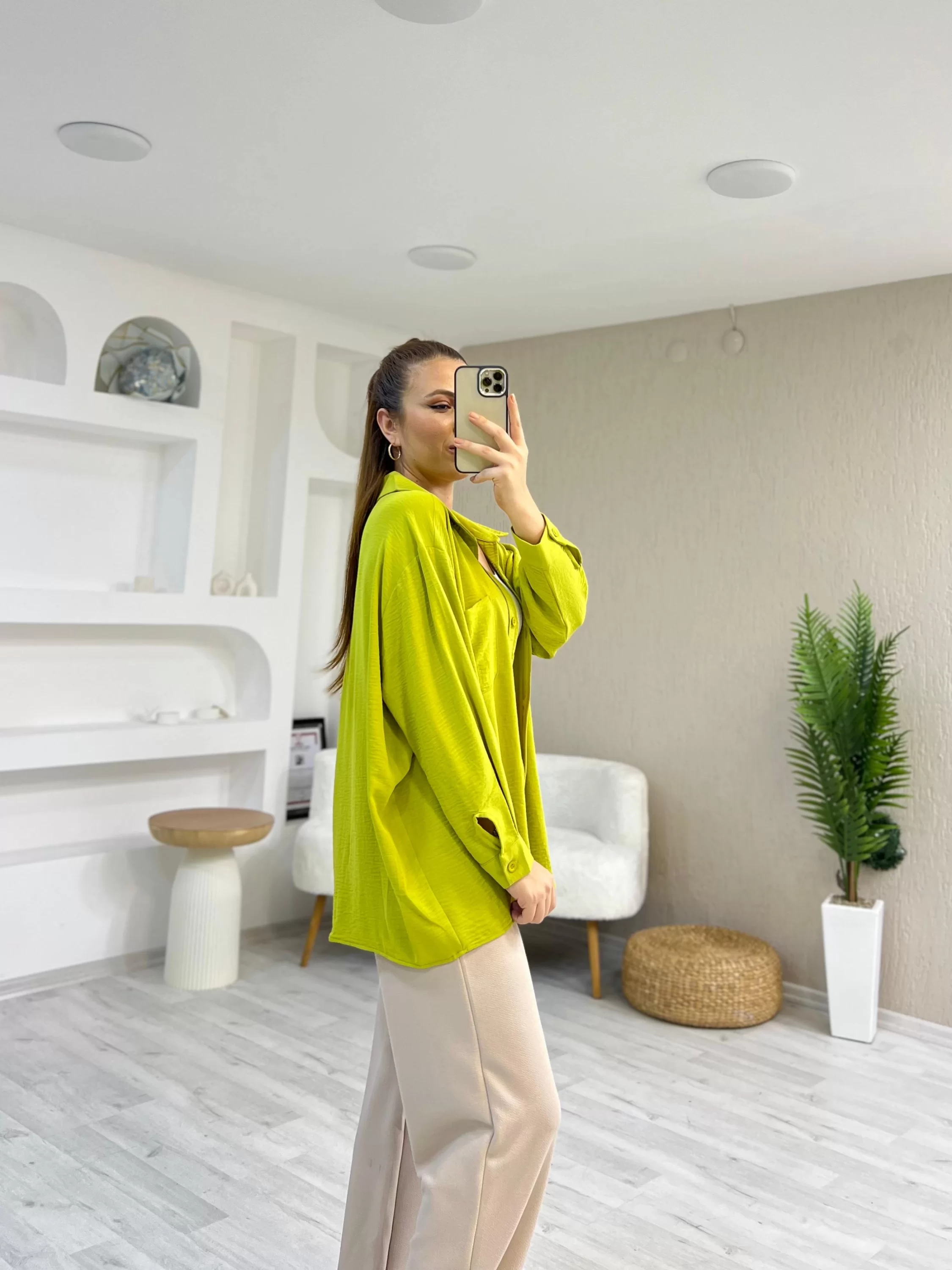 Ayrobin Kumaş Tek Cep Oversize Gömlek Olive