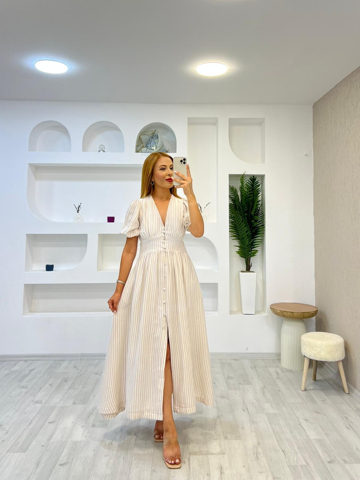 Çİzgili Düğmeli Müslin Elbise - Mor - Krem
