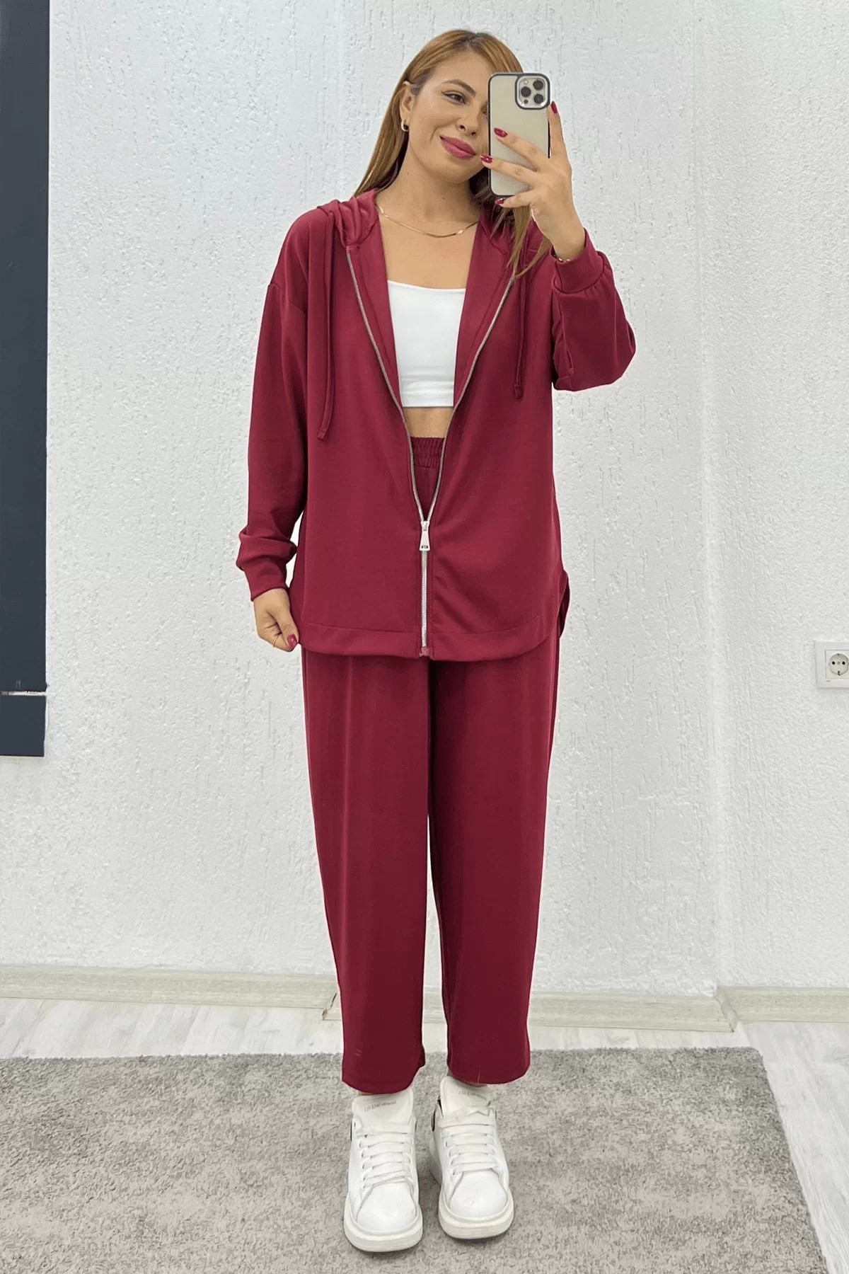 Fermuarlı Kapşonlu Modal Kumaş Bordo Takım