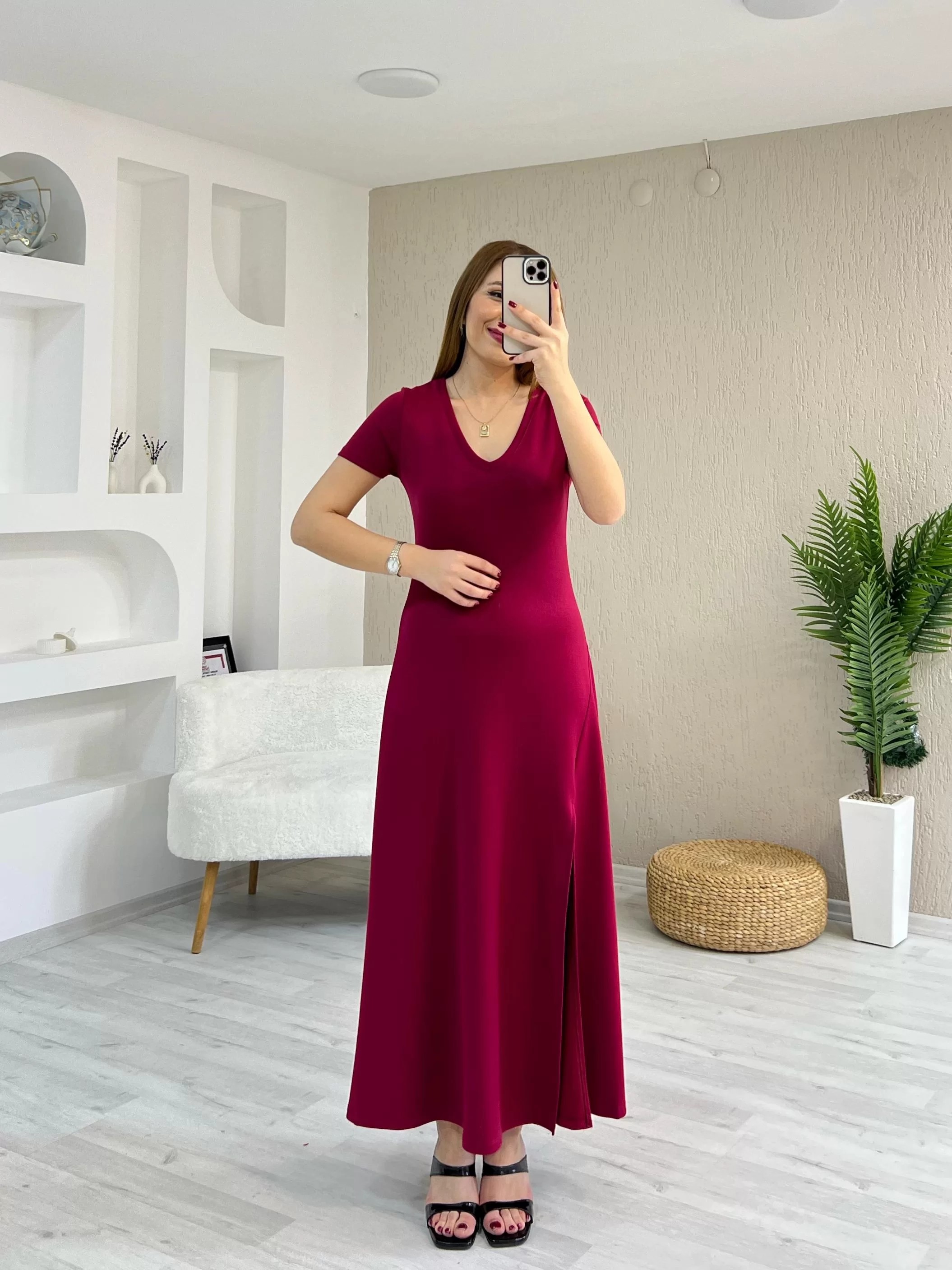 Modal Tek Yırtmaçlı Maxi Boy Elbise Fuşya