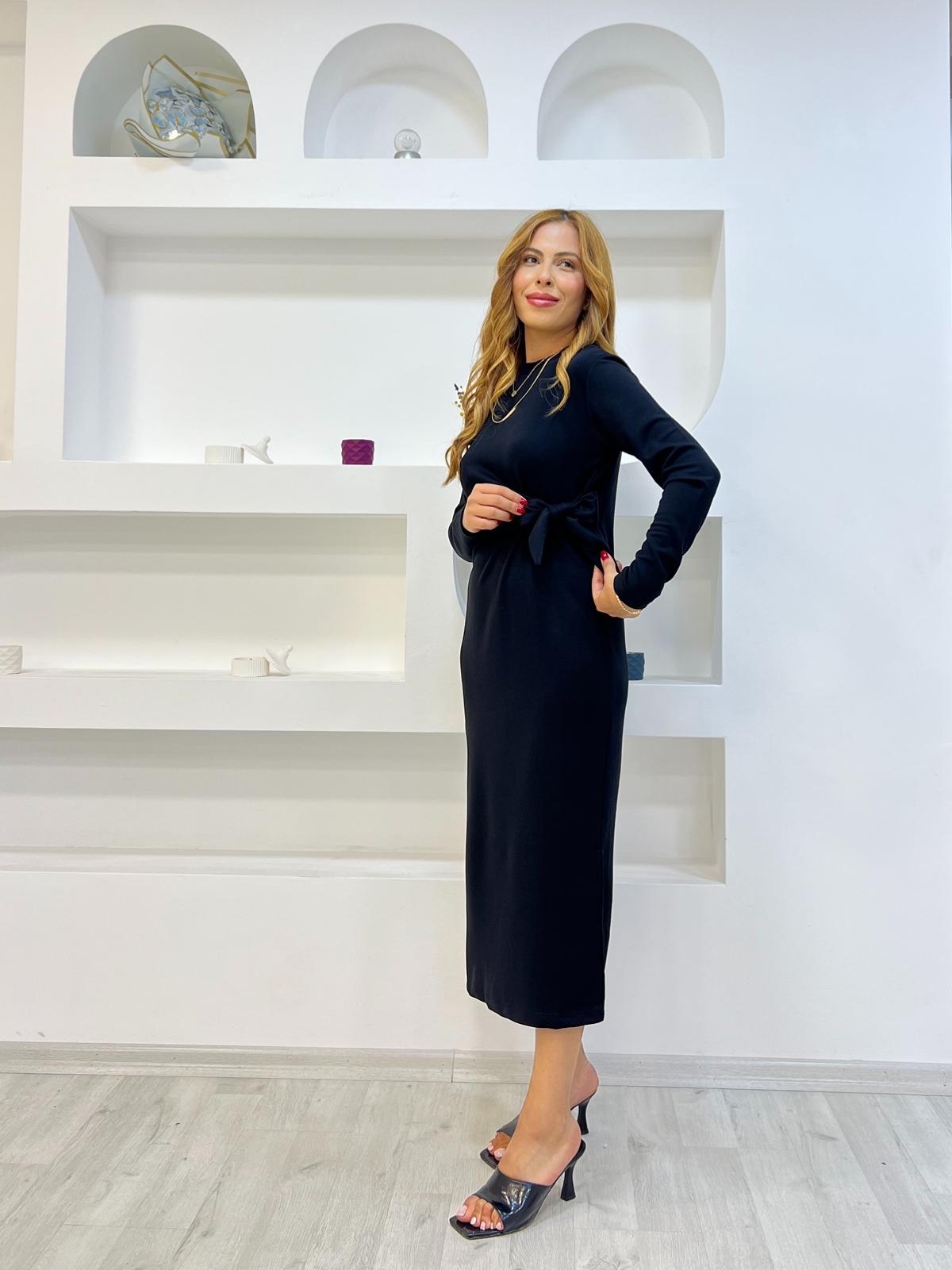 Modal Uzun Kol Kuşaklı Elbise 