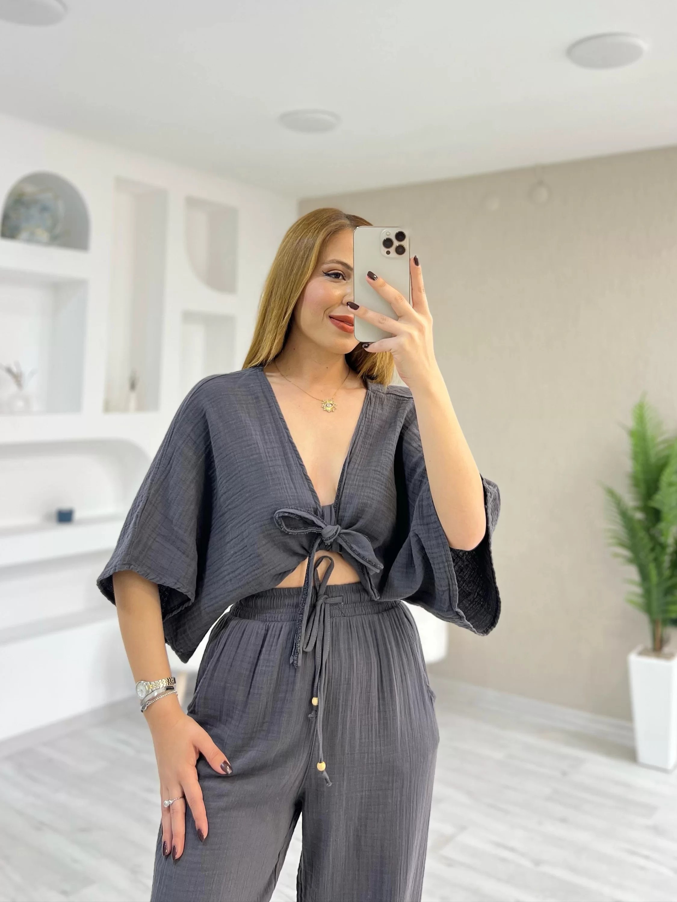 Müslin Kumaş Kimono Takım Antrasit
