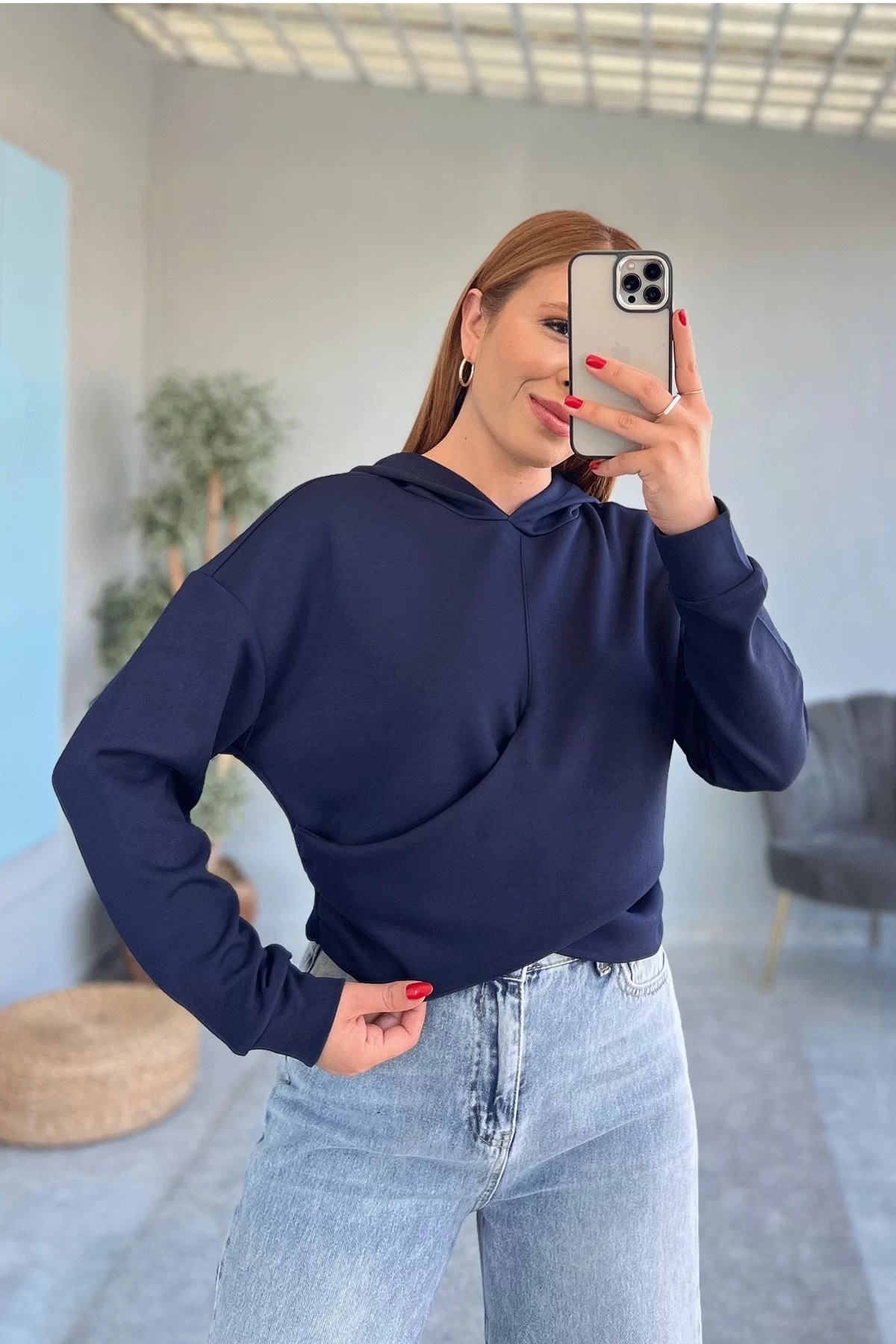 Kapşonlu Crop Lacivert Sweatshirt