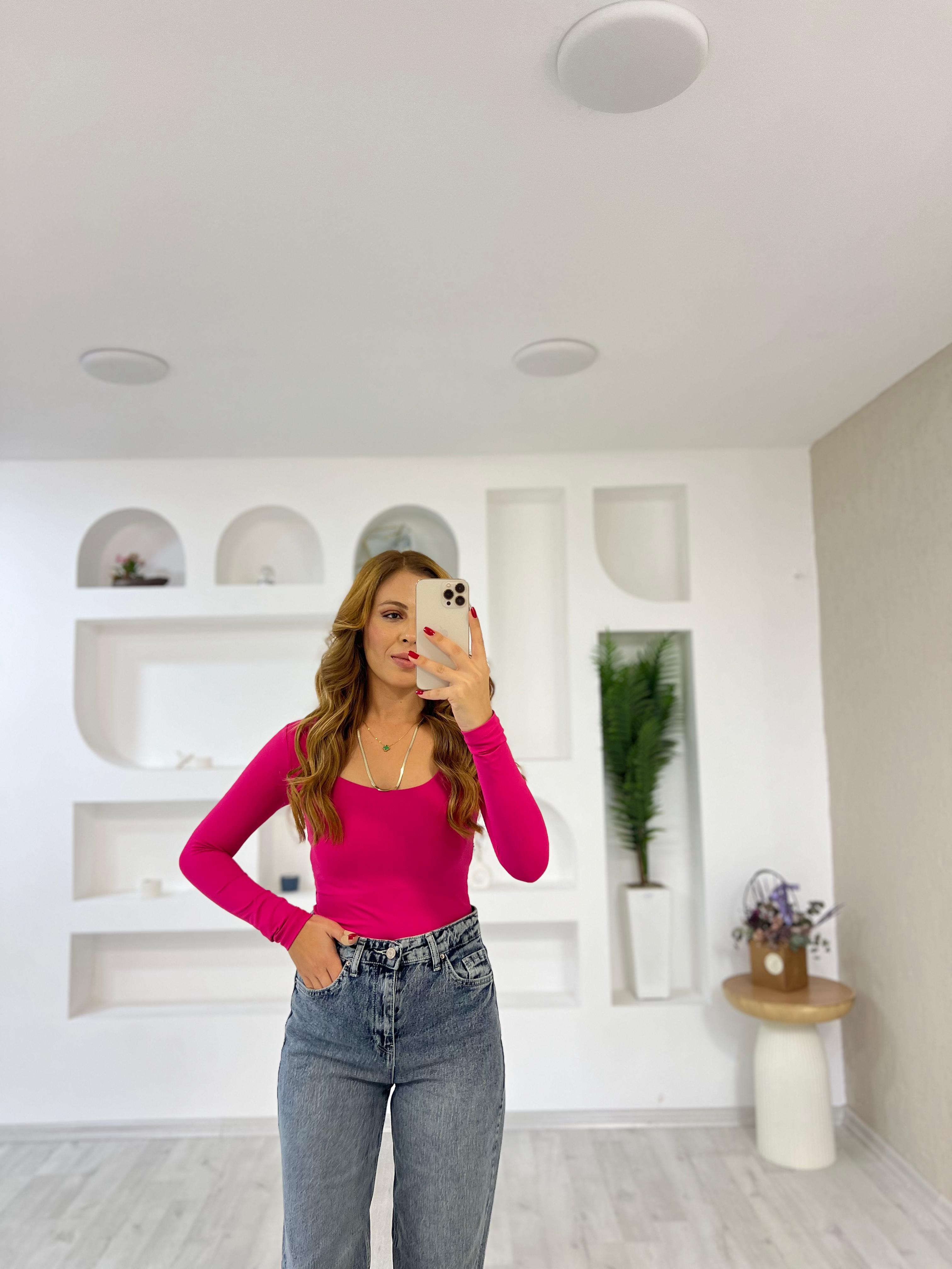 Sandy Kumaş Kare Yaka Bady  - Pembe