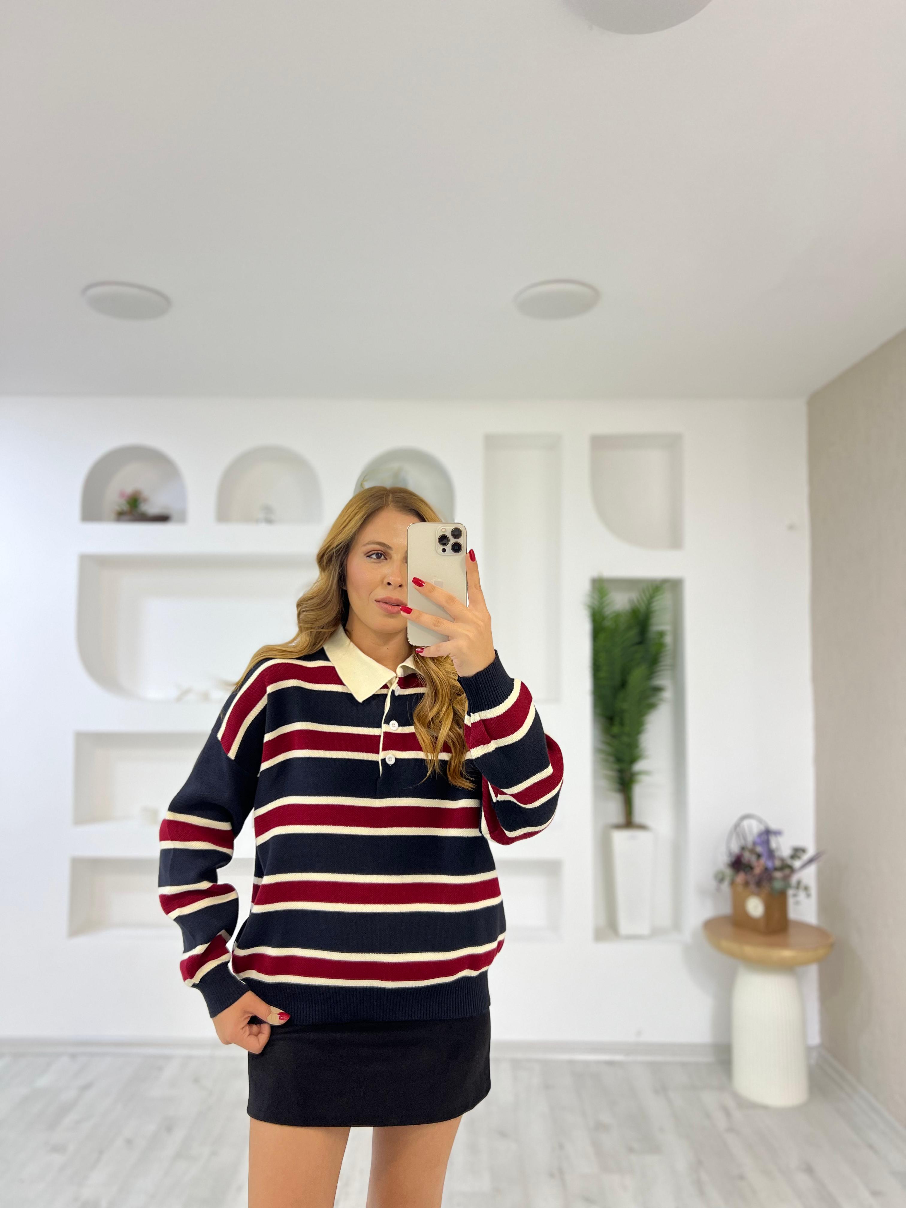 Polo Yaka Çizgili Triko Kazak - Kırmızı