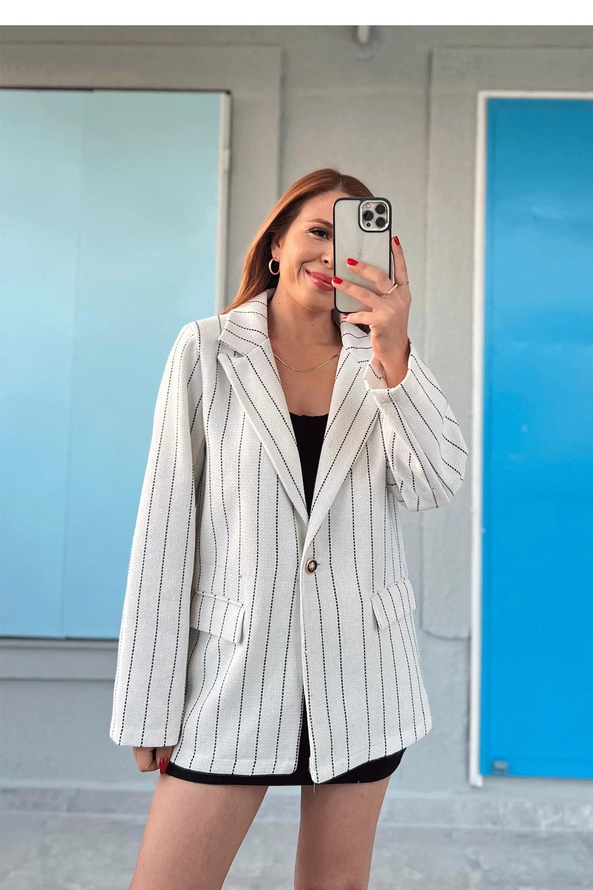 Çizgili Blazer Keten Beyaz Ceket