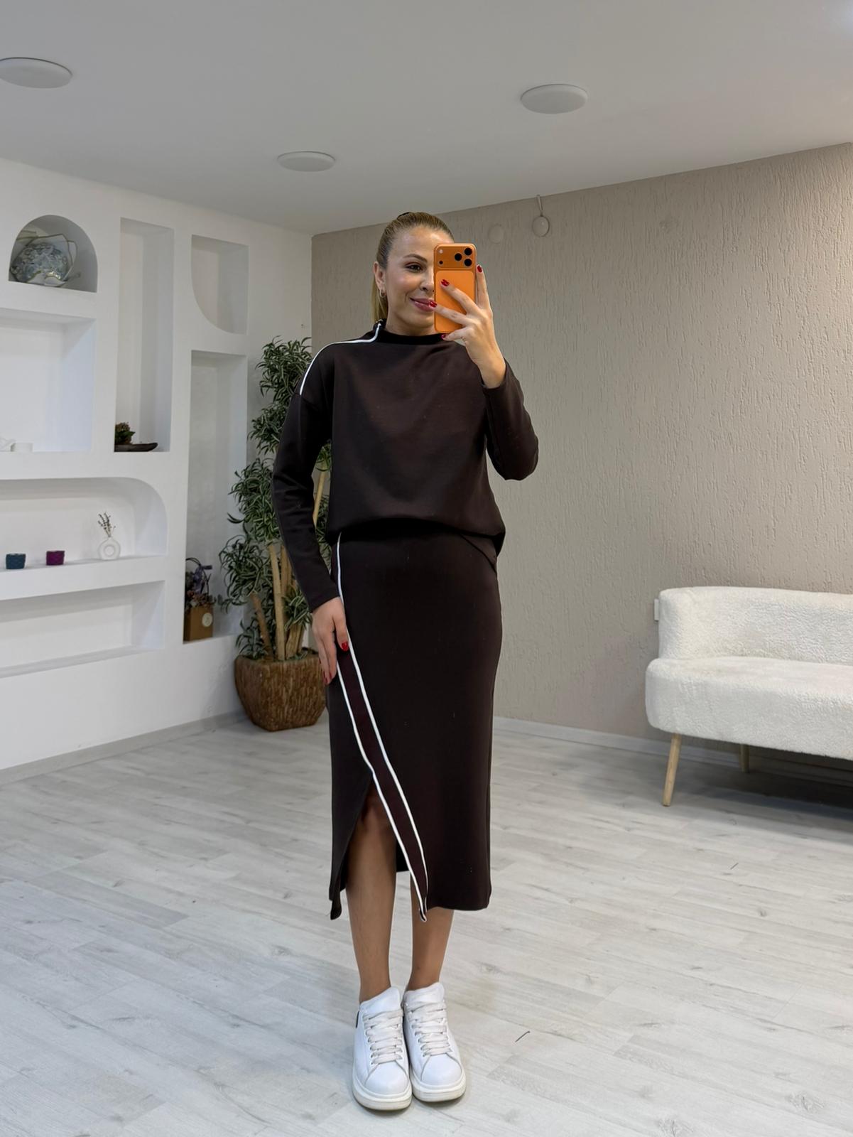 Şerit Detay Yırtmaçlı Etek Takım - Kahverengi