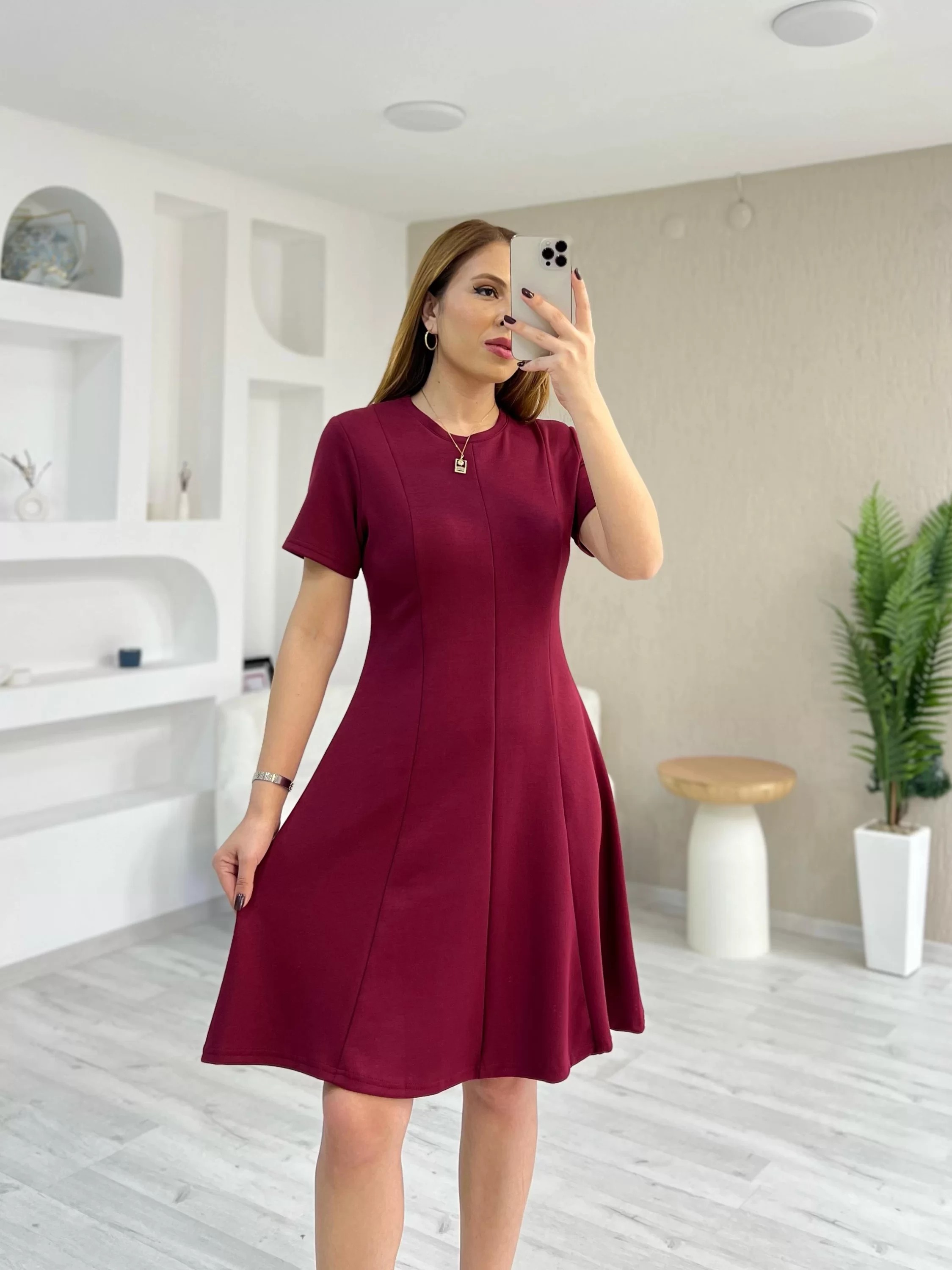 Dilim Detaylı Modal Kumaş Elbise Bordo