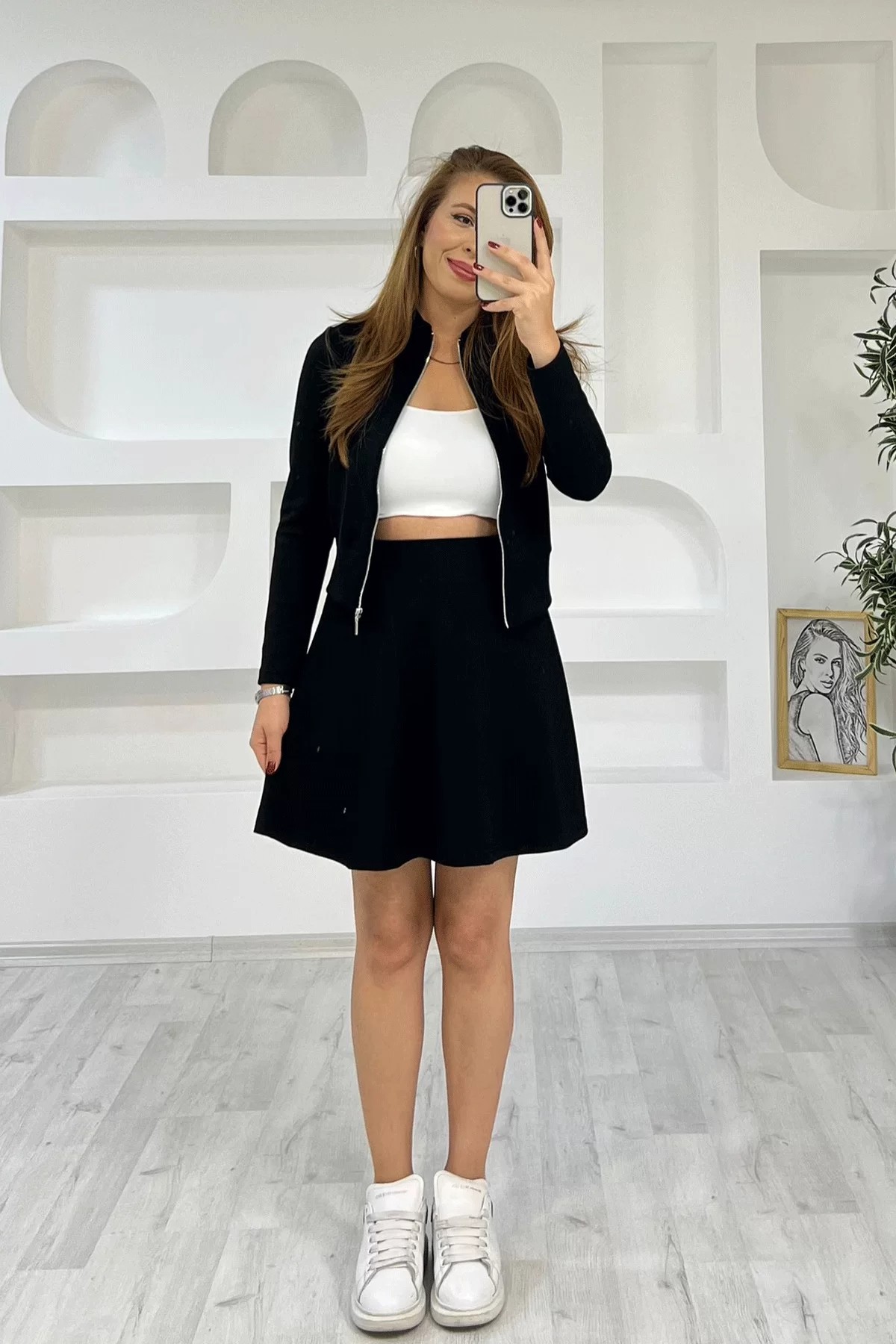 Fermuarlı Etek Ceket Siyah Takım