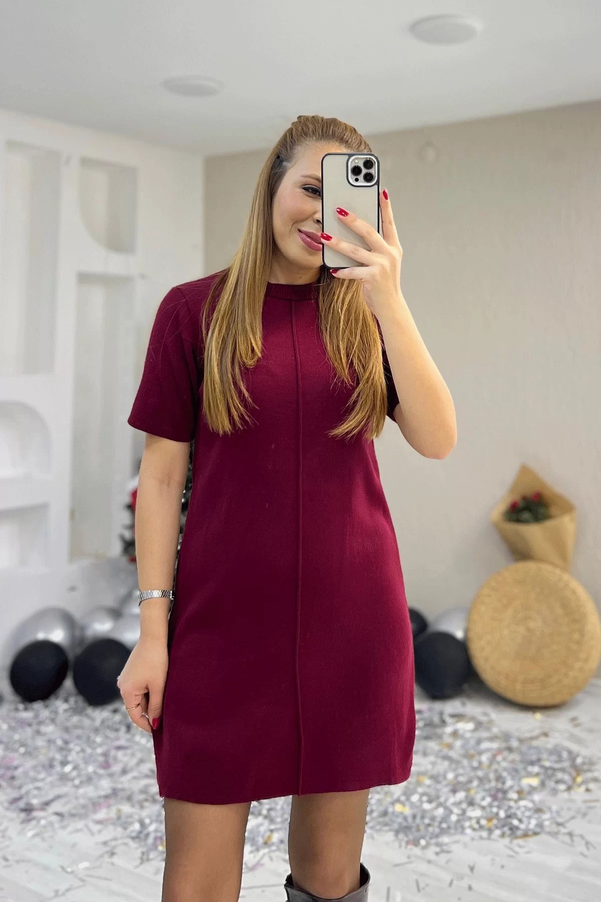 Dikiş Detaylı Triko Kırmızı Elbise