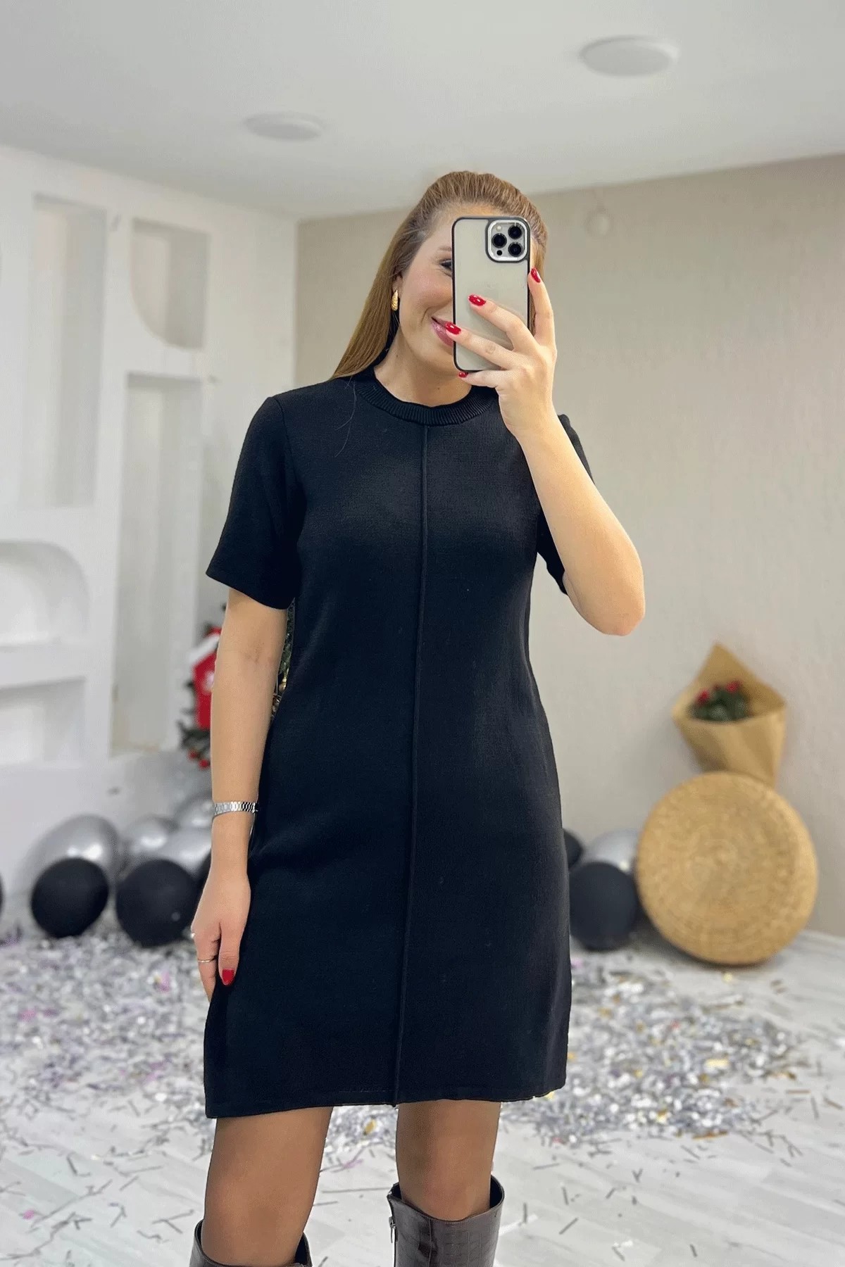 Dikiş Detaylı Triko Siyah Elbise