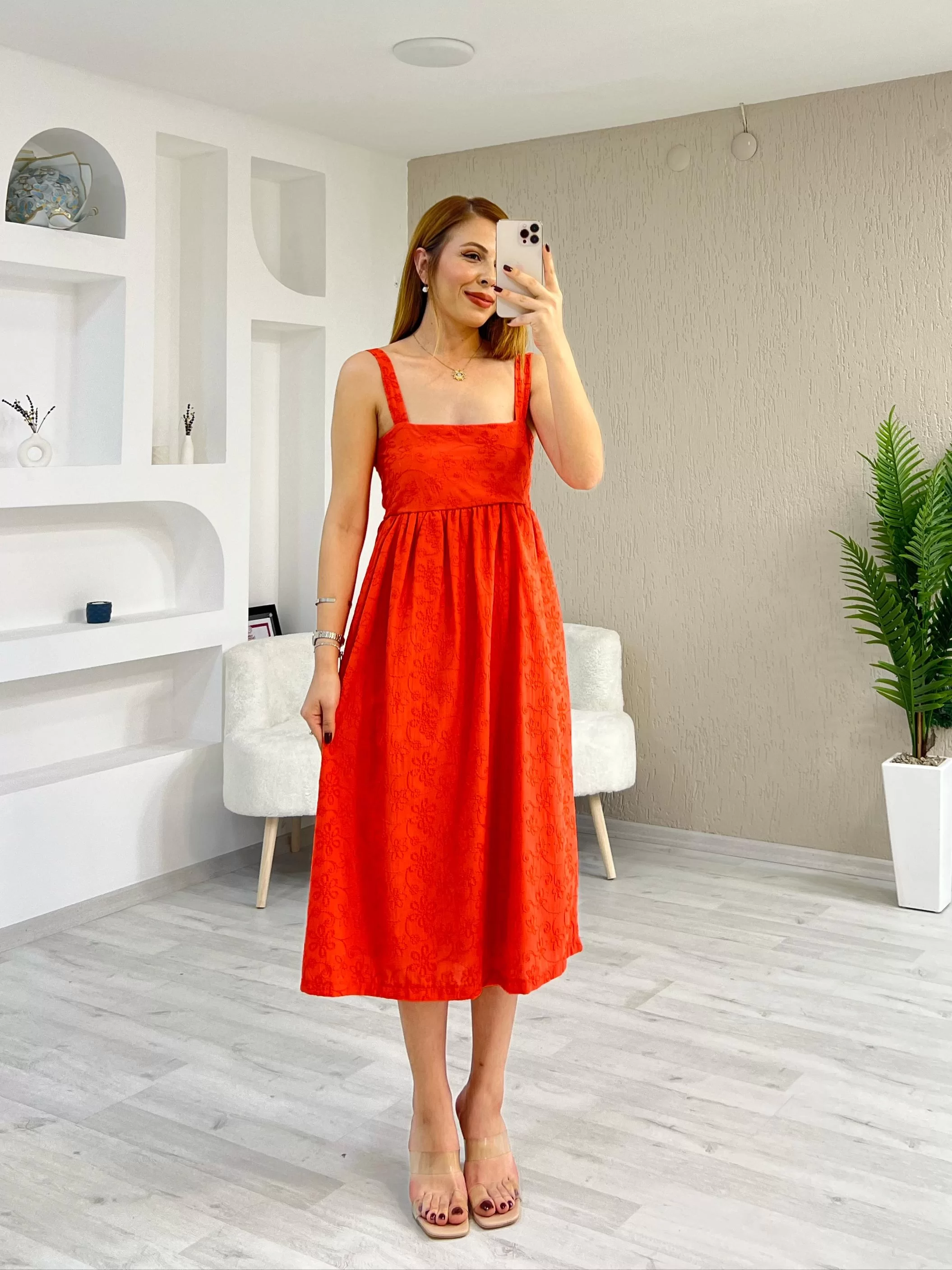 Kalın Askılı Fisto Elbise Nar Çiçeği