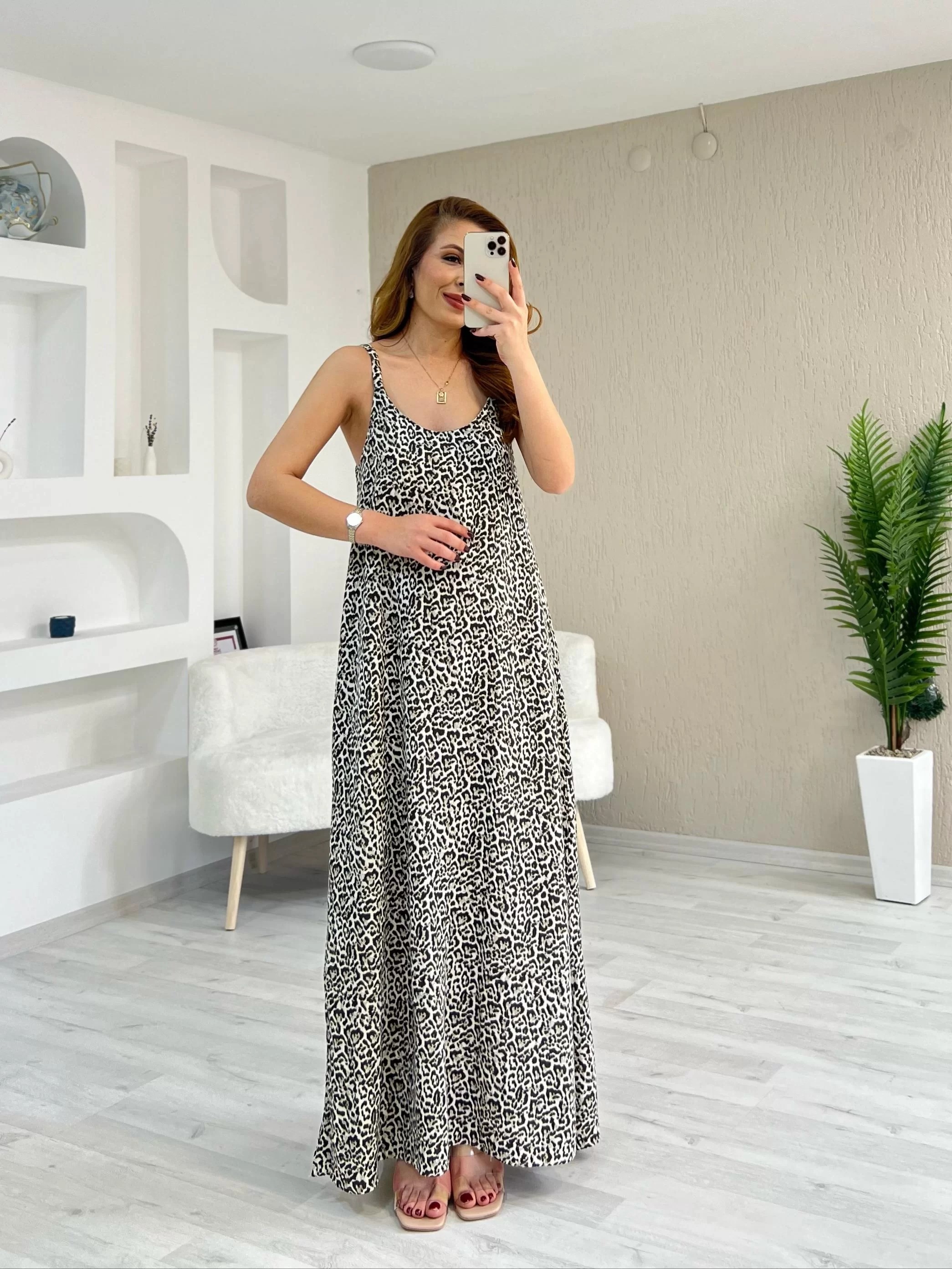 Leopar Desenli İp Askılı Keten Elbise