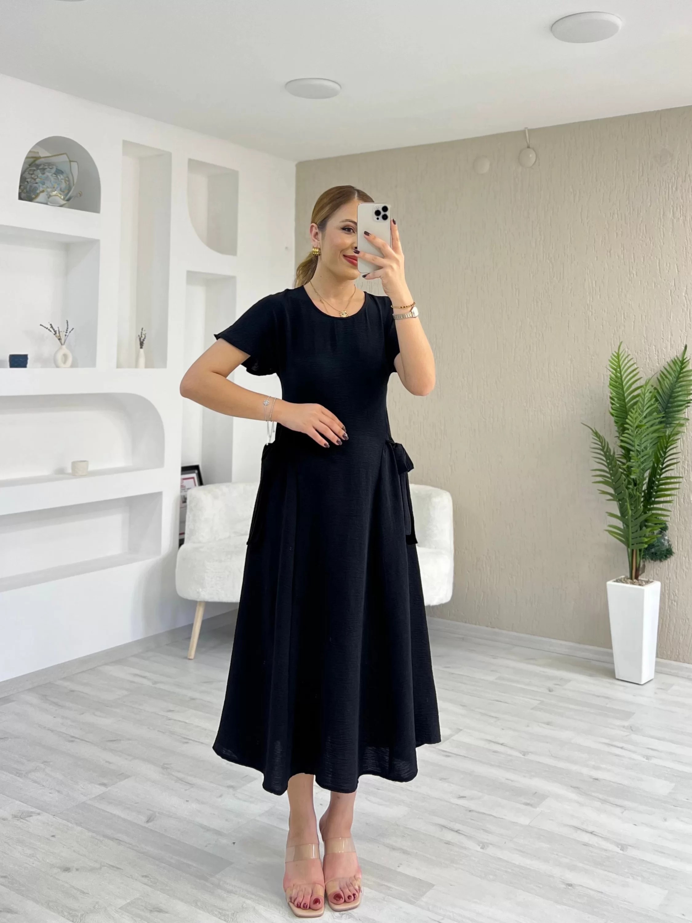Yan Bağlama Detay Ayrobin Elbise Siyah