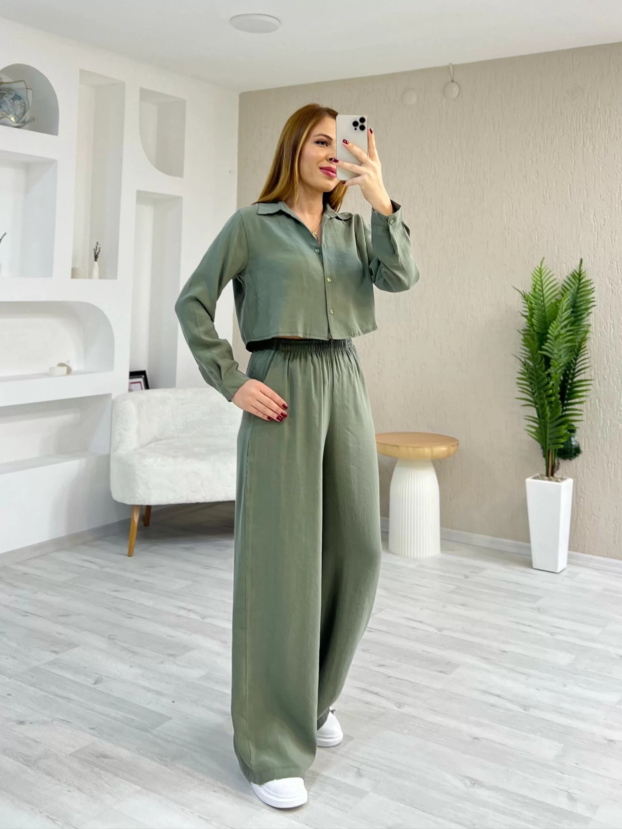 Tensel Kumaş Crop Takım Haki