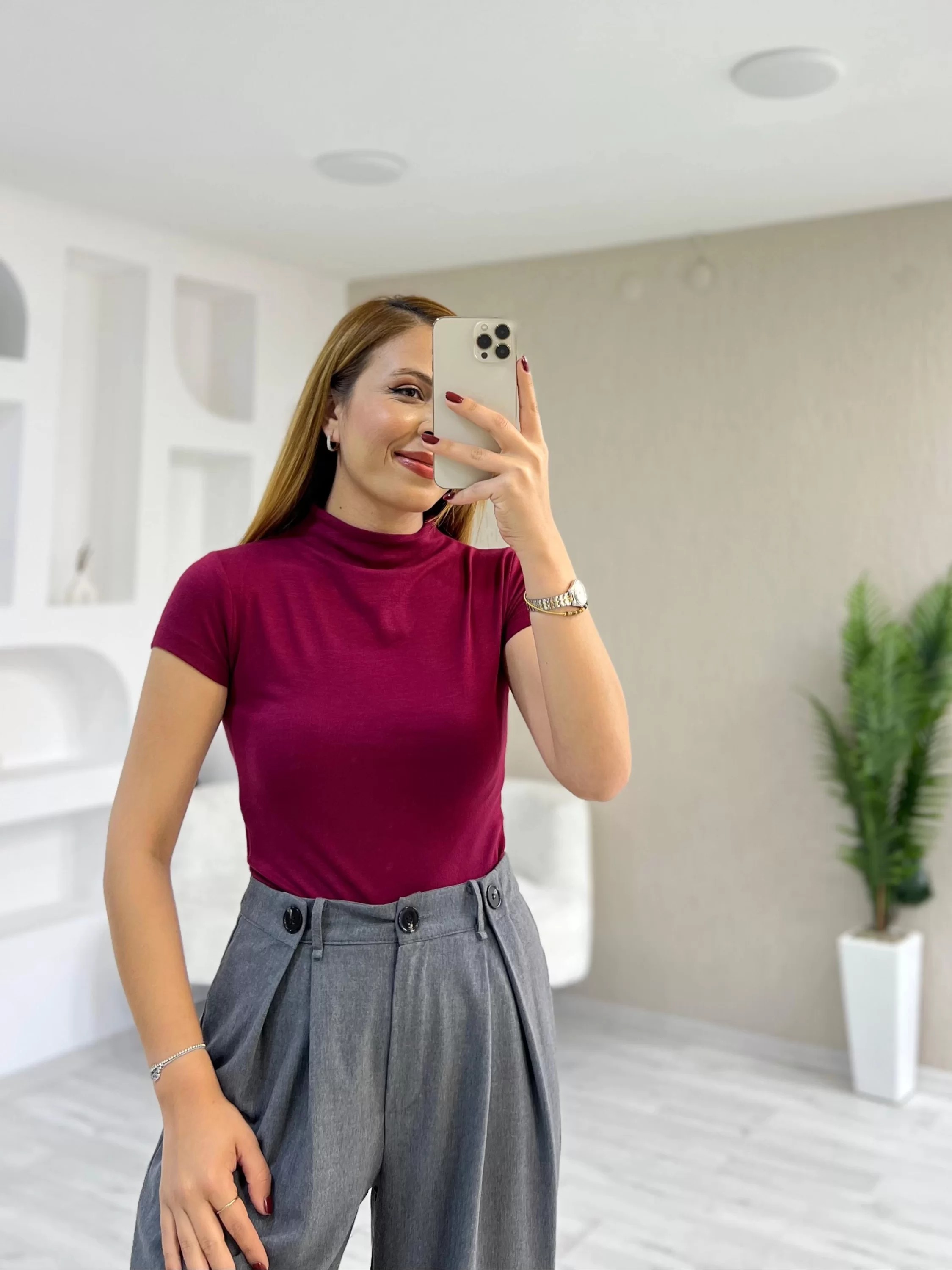 Modal Kumaş Bebe Kol Dik Yaka Tişört Bordo
