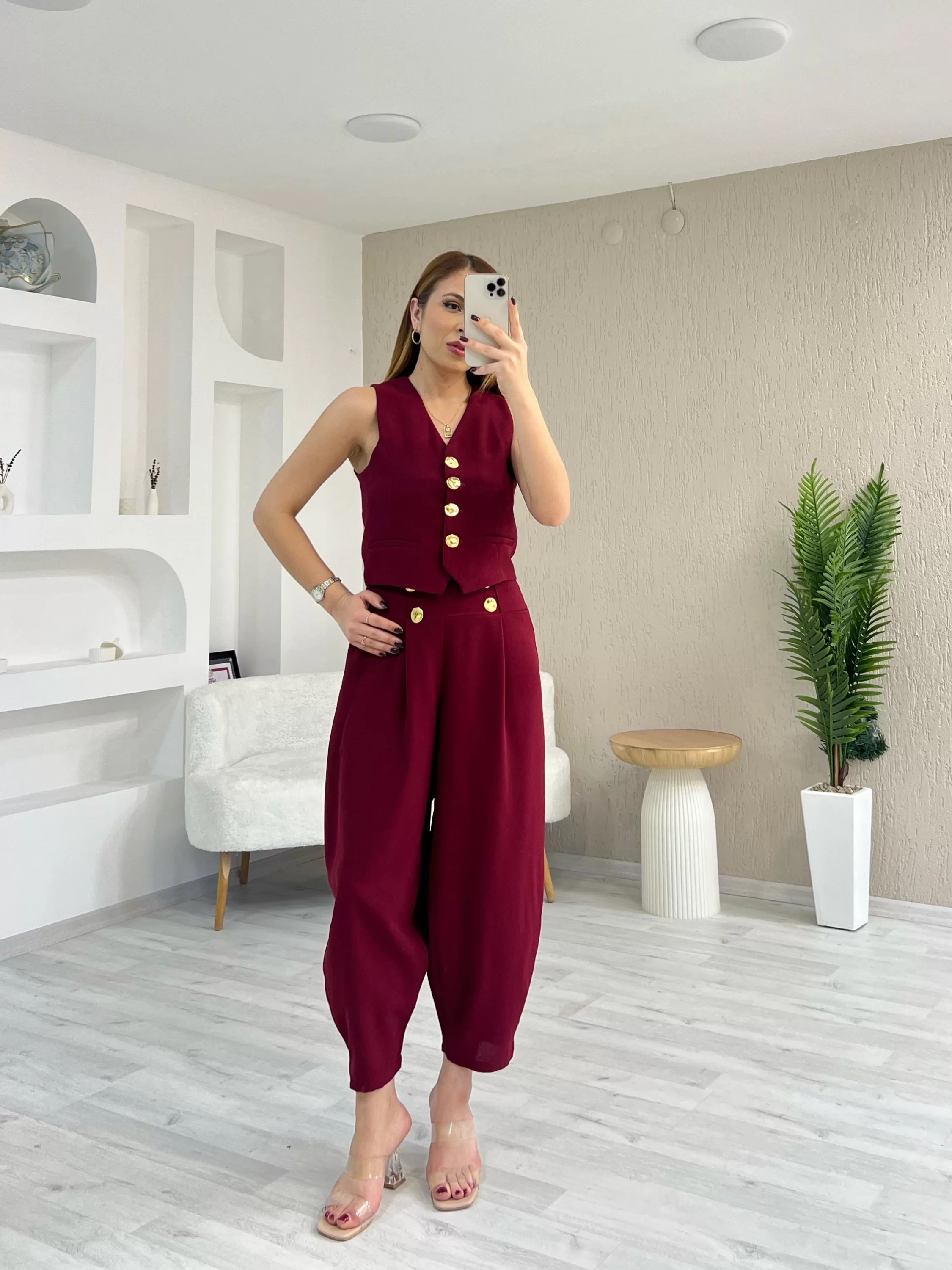 Tasarım Düğmeli Yelek Takım Bordo